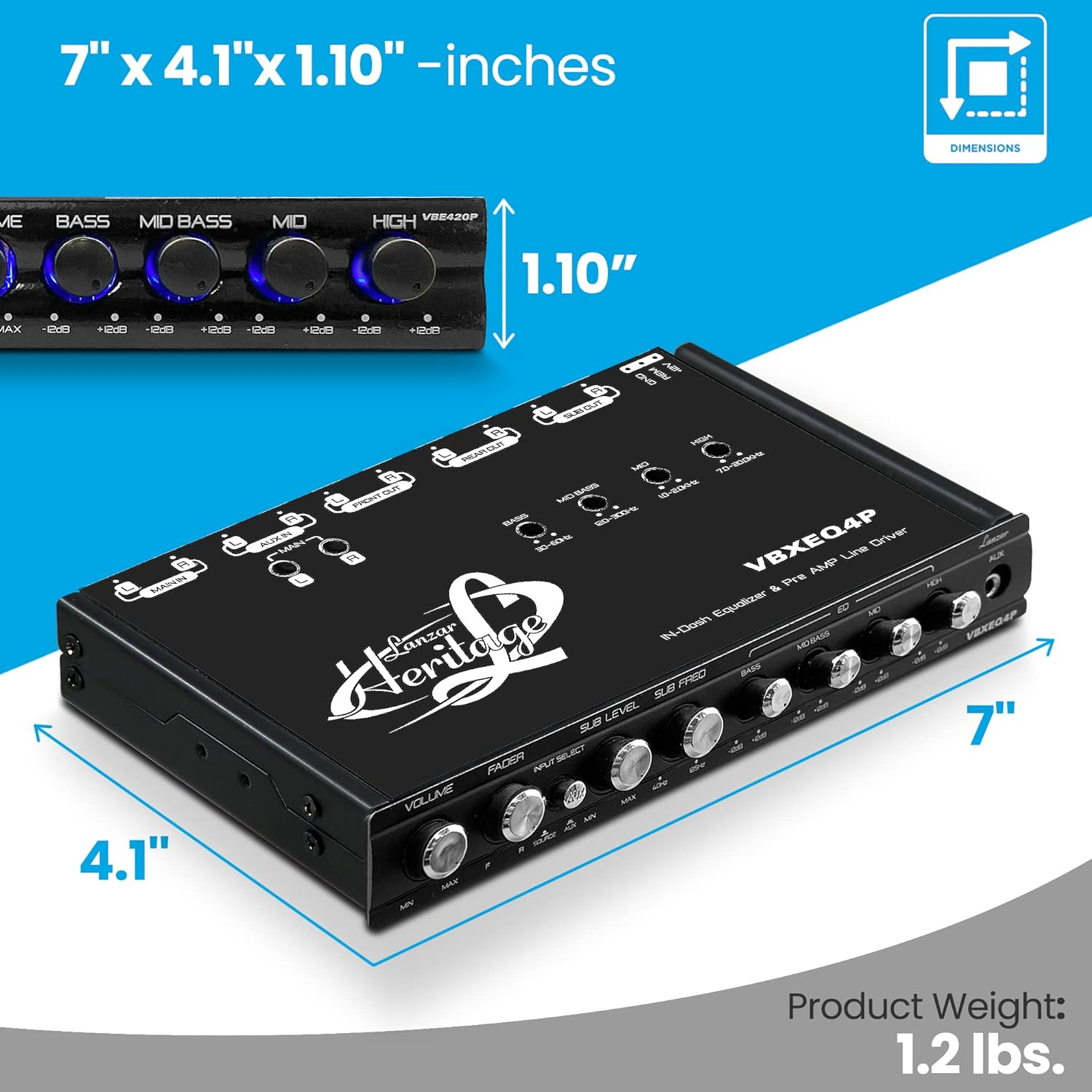 4 Band Adjustable Parametric Equalizer - 7 Volt RMS Pre-Amp Output with Subwoofer Gain Control and 3 Selectable Input Sources, Pre-Amp Line Aux Inputs via RCA and Phone Jacks - VBXEQ4P