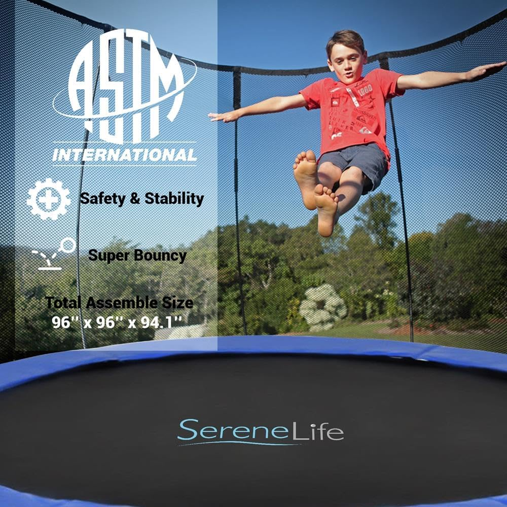 SereneLife 8FT, 10FT, 12FT Trampoline Outdoor with L-Shaped Feet for Extra Stability - ASTM Approved, Net Cage Enclosure System, and Reinforced Bouncy Jumping Mat Surface for Kids, Teens, and Adults