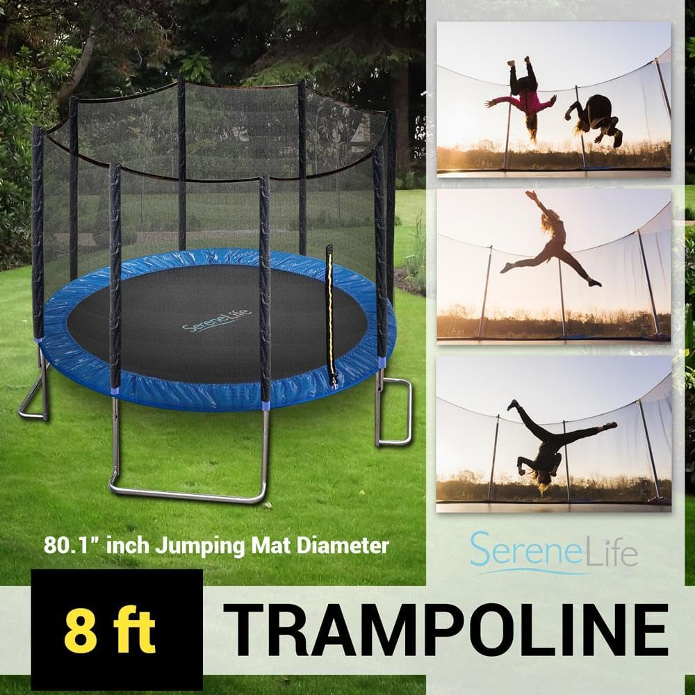 SereneLife 8FT, 10FT, 12FT Trampoline Outdoor with L-Shaped Feet for Extra Stability - ASTM Approved, Net Cage Enclosure System, and Reinforced Bouncy Jumping Mat Surface for Kids, Teens, and Adults