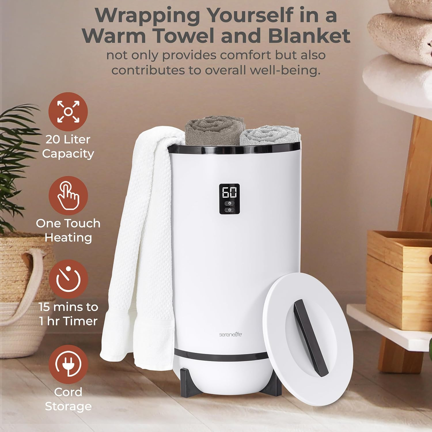 SereneLife Towel Warmer, Bucket Towel Warmer, Towel Warmers for the Bathroom and Spa, Luxury Hot Towel Warmer Gifts for Him and Her, Fits Two Large Towels, Blankets, Bathrobes, and PJs