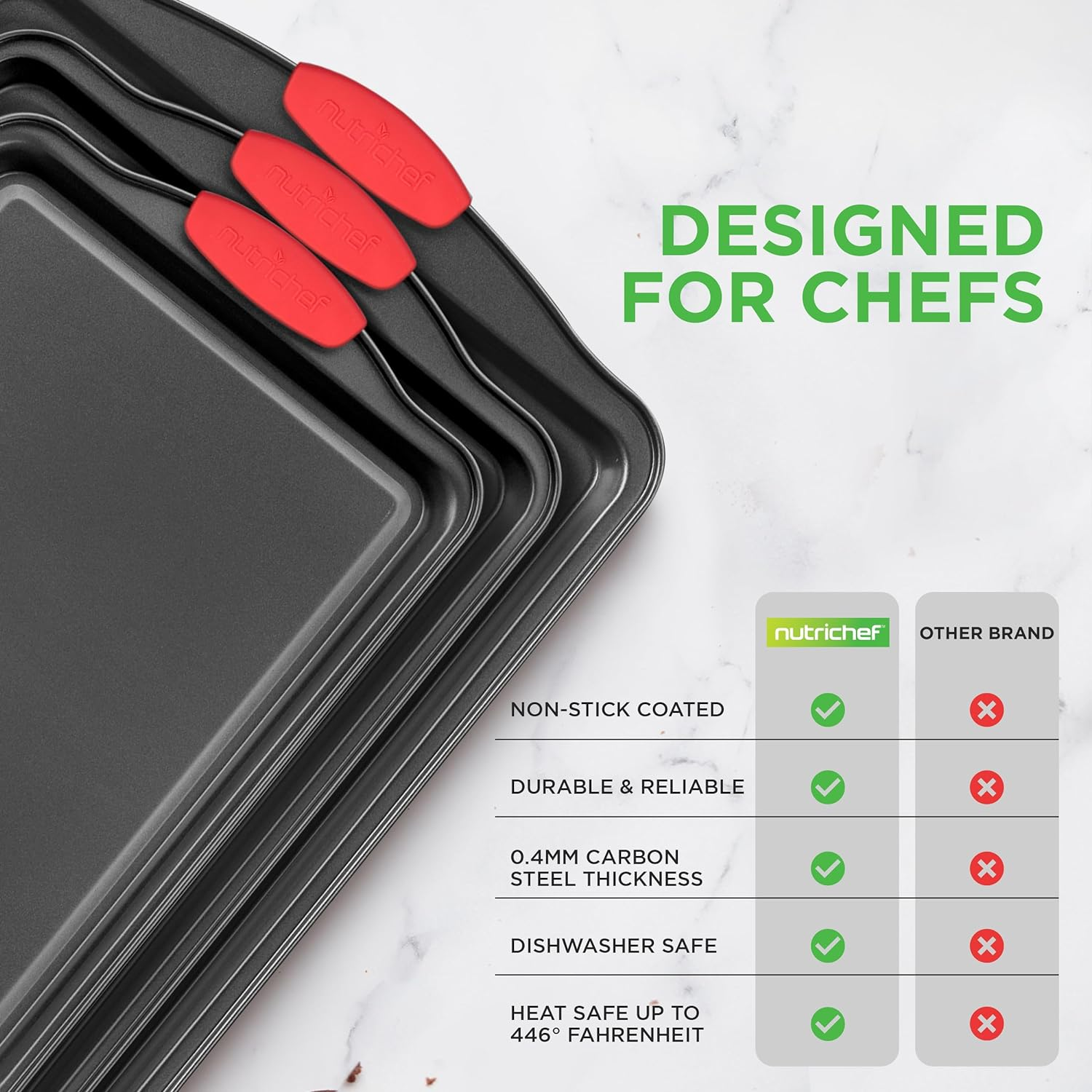 Nutrichef Kitchen Oven Baking Pans - Deluxe Nonstick Gray Coating Inside and Outside Carbon Steel Bakeware Set with Red Silicone Handles (3 Pieces), One Size, Black