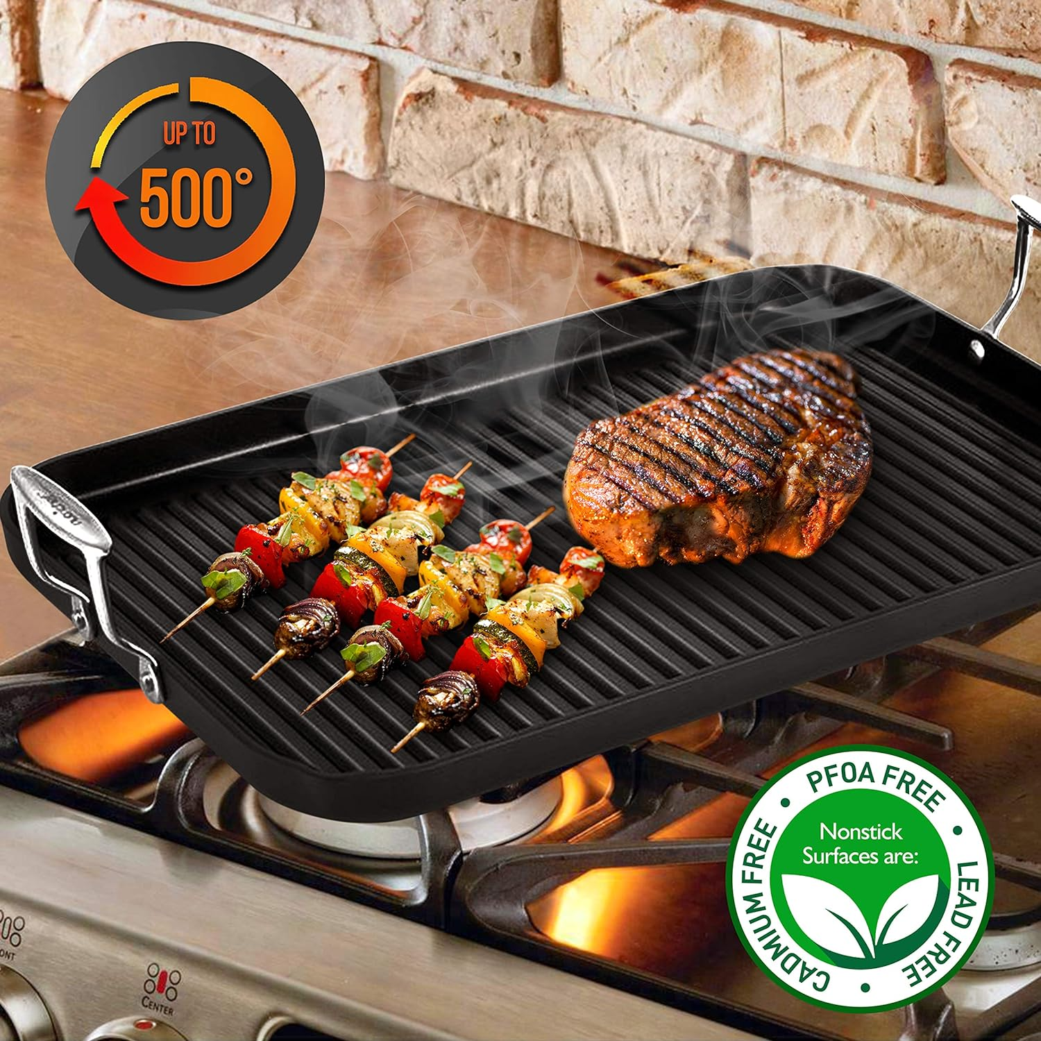 Nonstick Stove Top Grill Pan, Hard-Anodized Grill and Griddle Pan - Double Burner, Dishwasher Safe