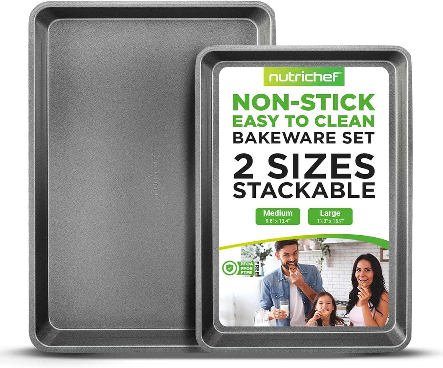 Nutrichef Nonstick Cookie Sheet Baking Pan - 2-Piece Professional Quality Kitchen Cooking Nonstick Bake Trays with Gray Coating Inside and Outside, Dishwasher Safe, PFOA, PFOS, and PTFE Free - NutriChef