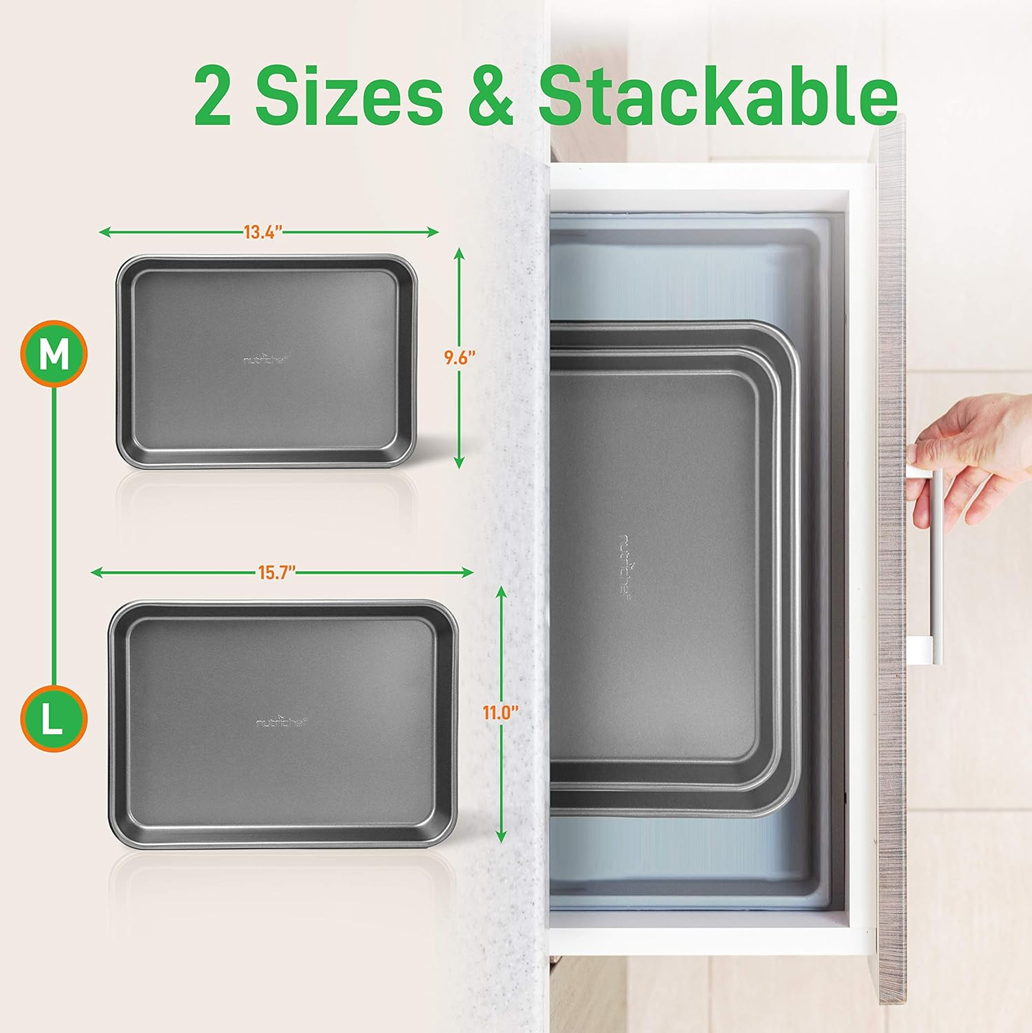 Nutrichef Nonstick Cookie Sheet Baking Pan - 2-Piece Professional Quality Kitchen Cooking Nonstick Bake Trays with Gray Coating Inside and Outside, Dishwasher Safe, PFOA, PFOS, and PTFE Free - NutriChef