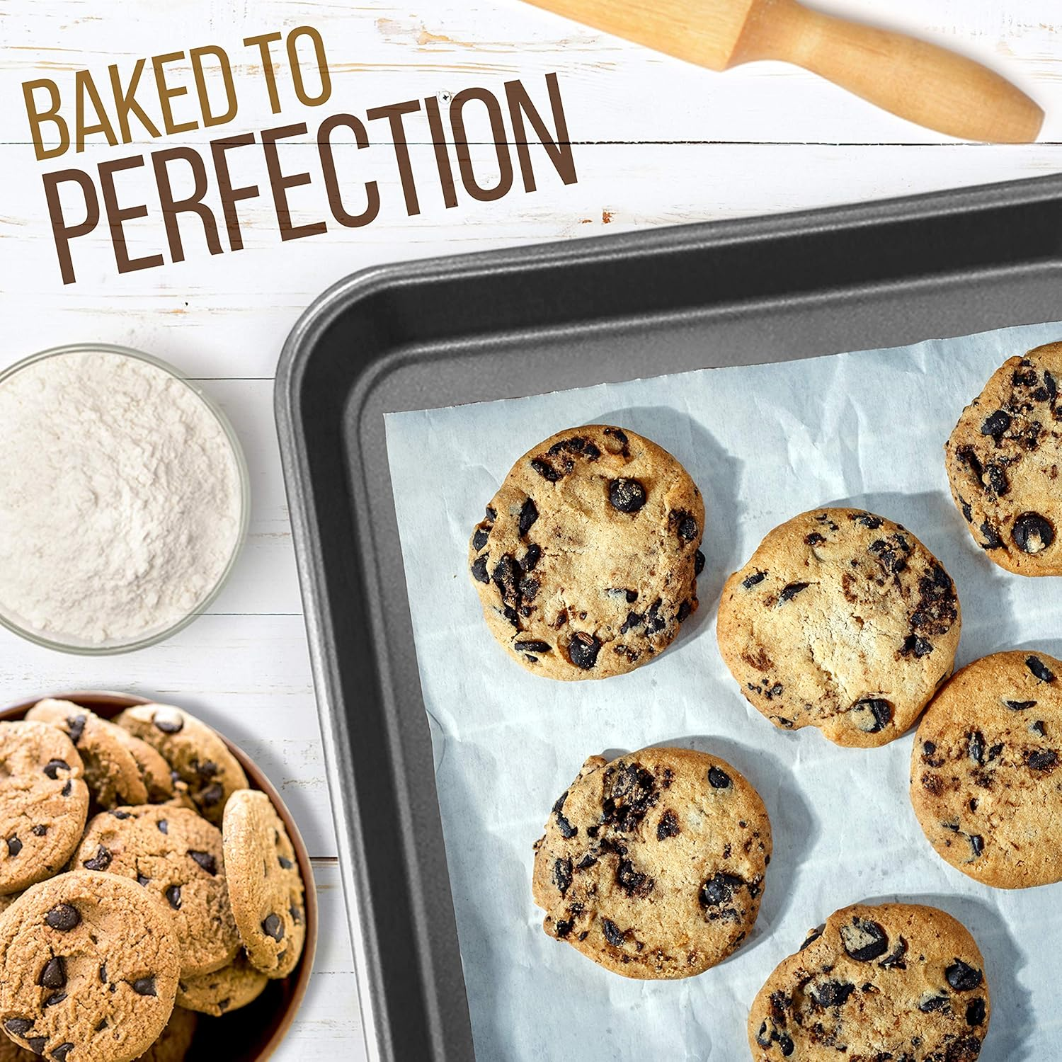 Nutrichef Nonstick Cookie Sheet Baking Pan - 2-Piece Professional Quality Kitchen Cooking Nonstick Bake Trays with Gray Coating Inside and Outside, Dishwasher Safe, PFOA, PFOS, and PTFE Free - NutriChef