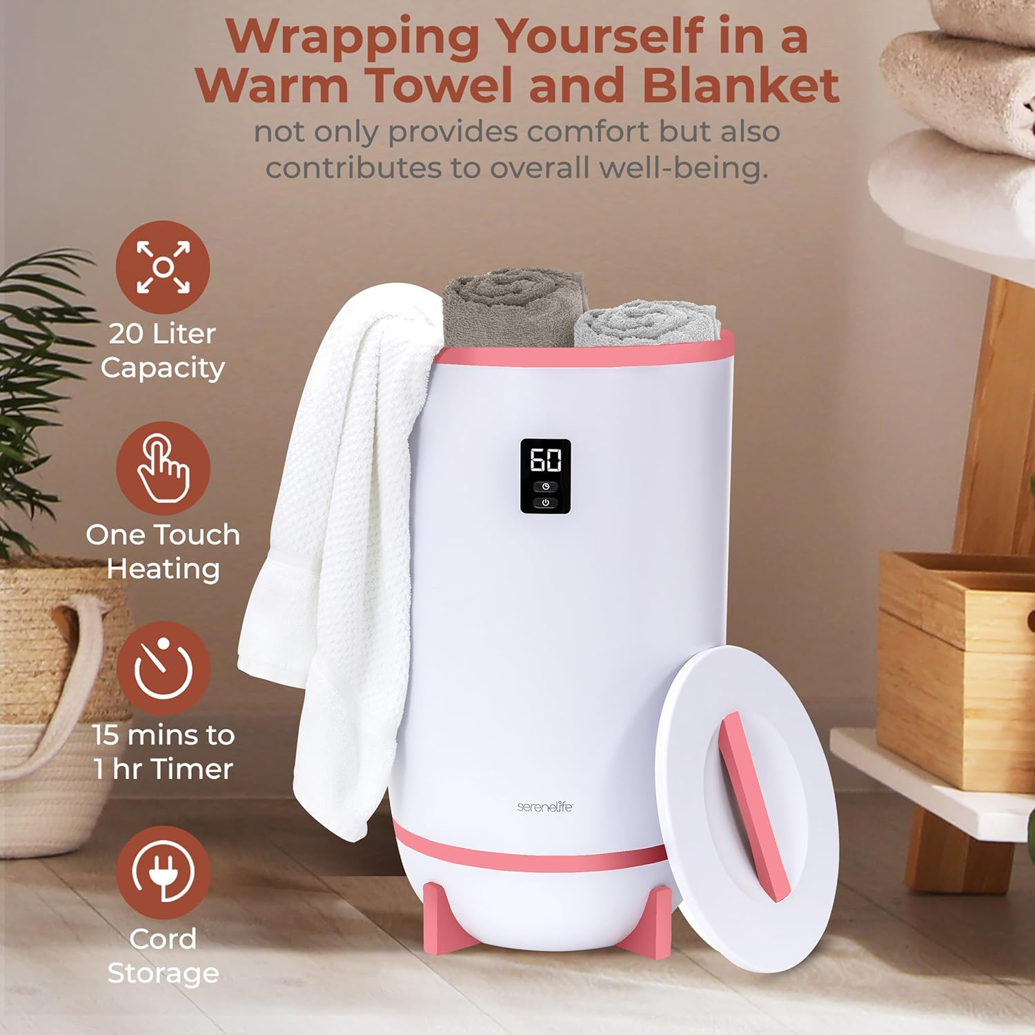 SereneLife Single Touch Towel and Blanket Warmer with Fragrant Disc Holder and LED Ring, Automatic Shut-Off Feature, Built-In Timer to Heat Towels for 15, 30, 45, or 60 Minutes (Pink)