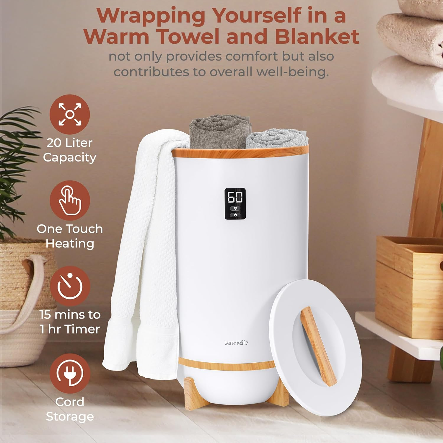 Towel Warmer for Bathroom, Spa, Living Room, Towel & Blanket Warmer Bucket, w/Fragrance, Auto Shut Off, Fits Up to Two Oversized Towels, Bathrobes, Blankets, PJ's, 20L- by SereneLife