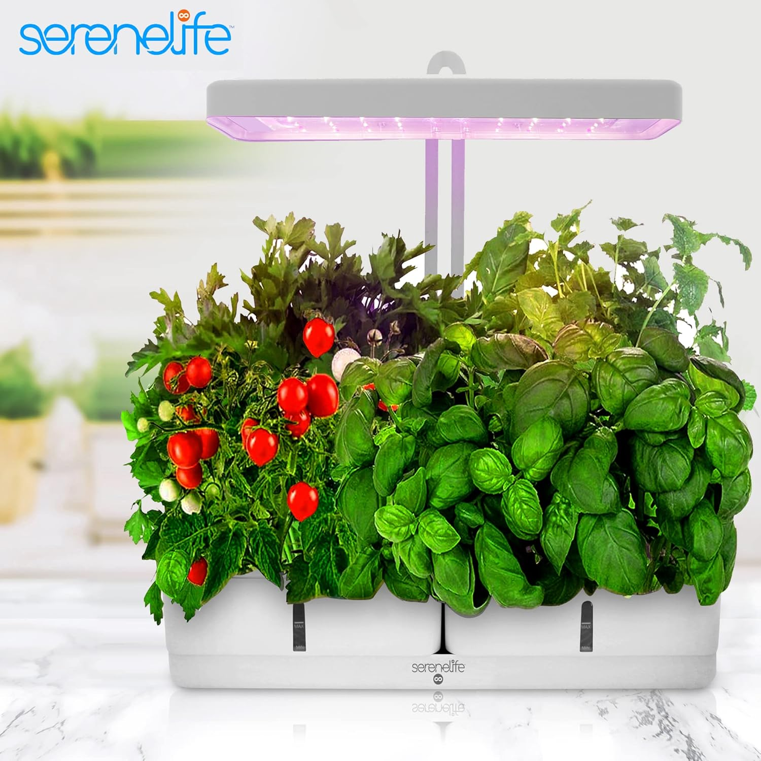 SereneLife Smart Starter Kit - Hydroponic Herb Garden Indoor Plant System with Height Adjustable LED Grow Lights, 8 Pods, Automatic Timer - Home Kitchen, Bedroom, Office SLGLF120, White