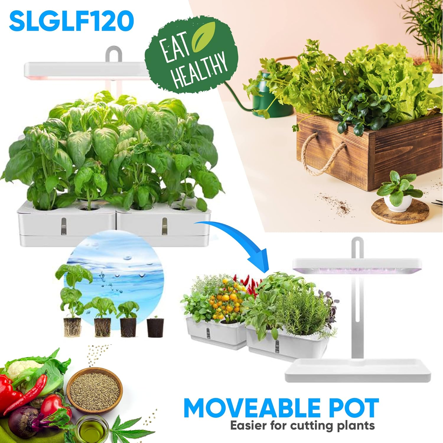 SereneLife Smart Starter Kit - Hydroponic Herb Garden Indoor Plant System with Height Adjustable LED Grow Lights, 8 Pods, Automatic Timer - Home Kitchen, Bedroom, Office SLGLF120, White