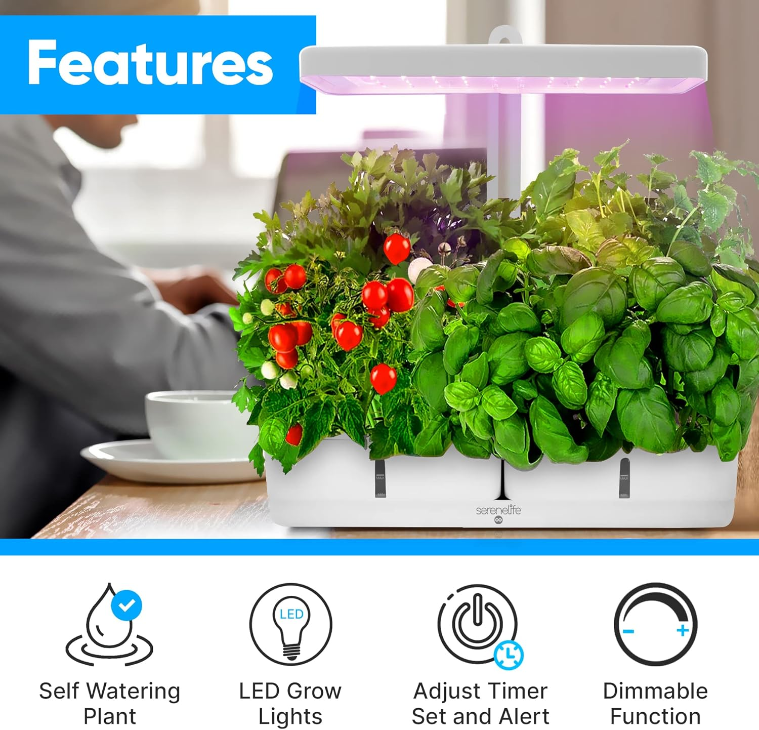 SereneLife Smart Starter Kit - Hydroponic Herb Garden Indoor Plant System with Height Adjustable LED Grow Lights, 8 Pods, Automatic Timer - Home Kitchen, Bedroom, Office SLGLF120, White