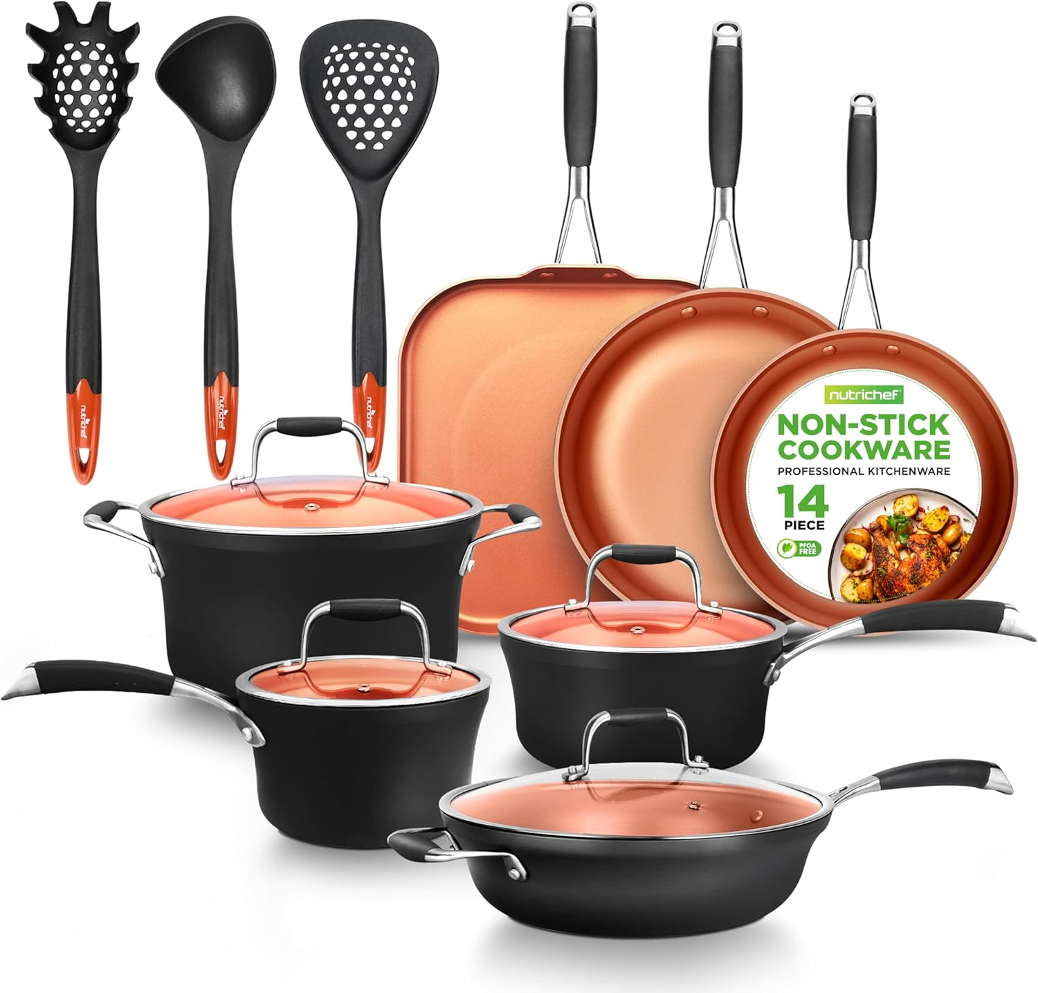 NutriChef 14-Piece Pots and Pans Set, Nonstick Cookware Set, Stackable, Long-Lasting 3-Layer Coating – Induction & All Stovetop Safe, Dishwasher Safe, 100% Non-Toxic Copper