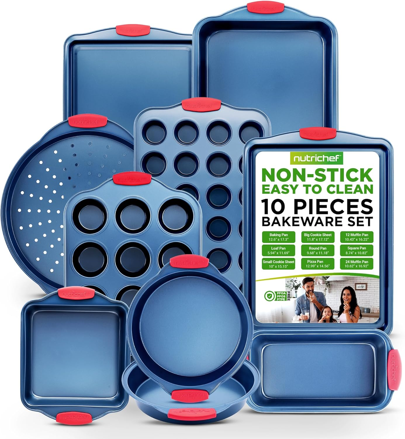 NutriChef Bakeware Set, Baking Pans, Includes: Cookie Sheets (Large, Medium), Roasting Pan, Loaf Pan, Pizza Pan, Muffin Pans (12, 24), Square Pan, Cake Pans (2), Nonstick Kitchen Oven Trays, Blue, 10-Piece Set