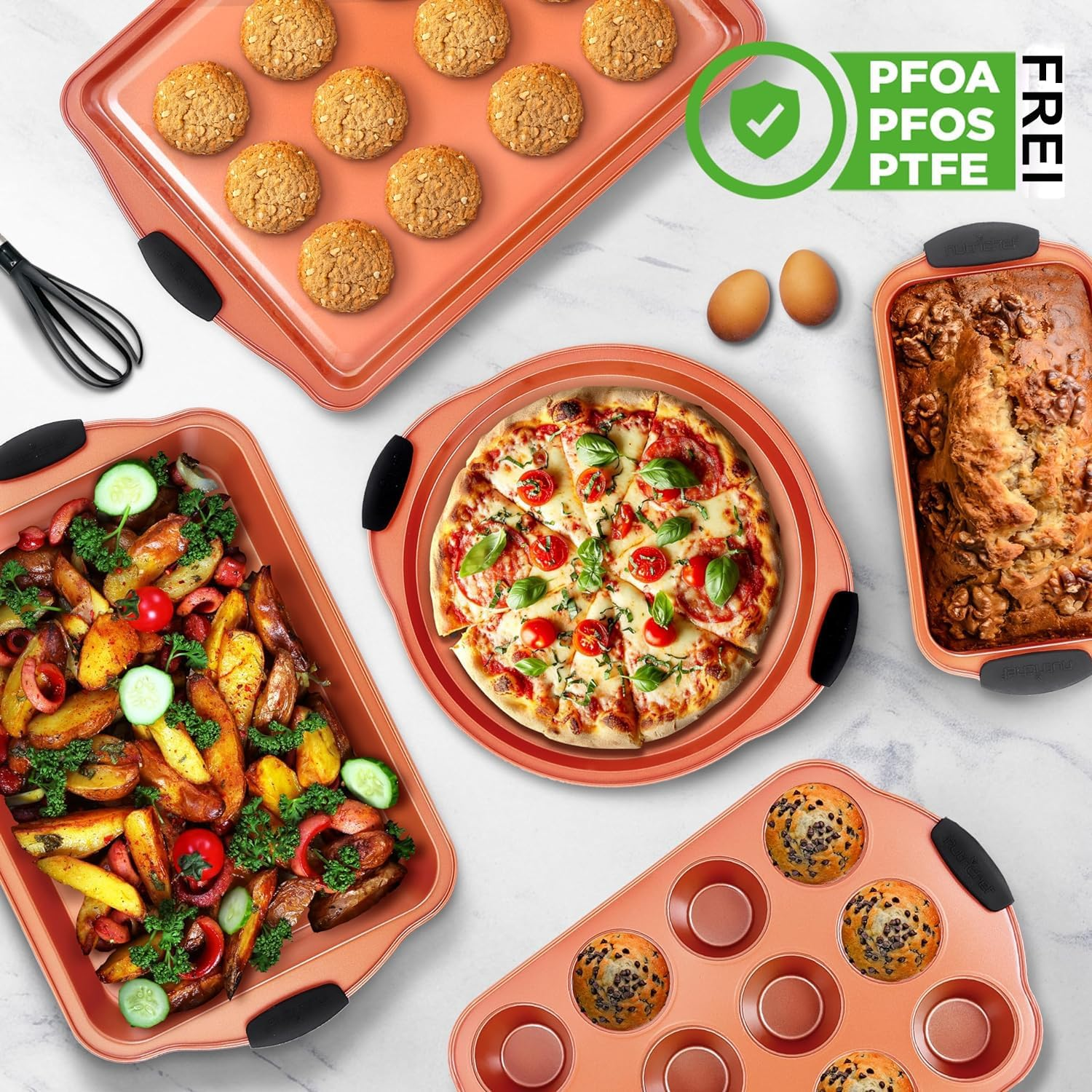 NutriChef 10-Piece Steel Nonstick Bakeware Set - Carbon Steel Baking Tray Set with Heat-Safe Black Silicone Handles, Oven Safe Up to 450°F, Includes Pizza, Loaf, Muffin, Round/Square Pans, Cookie Sheet, and More - NCSBS54S