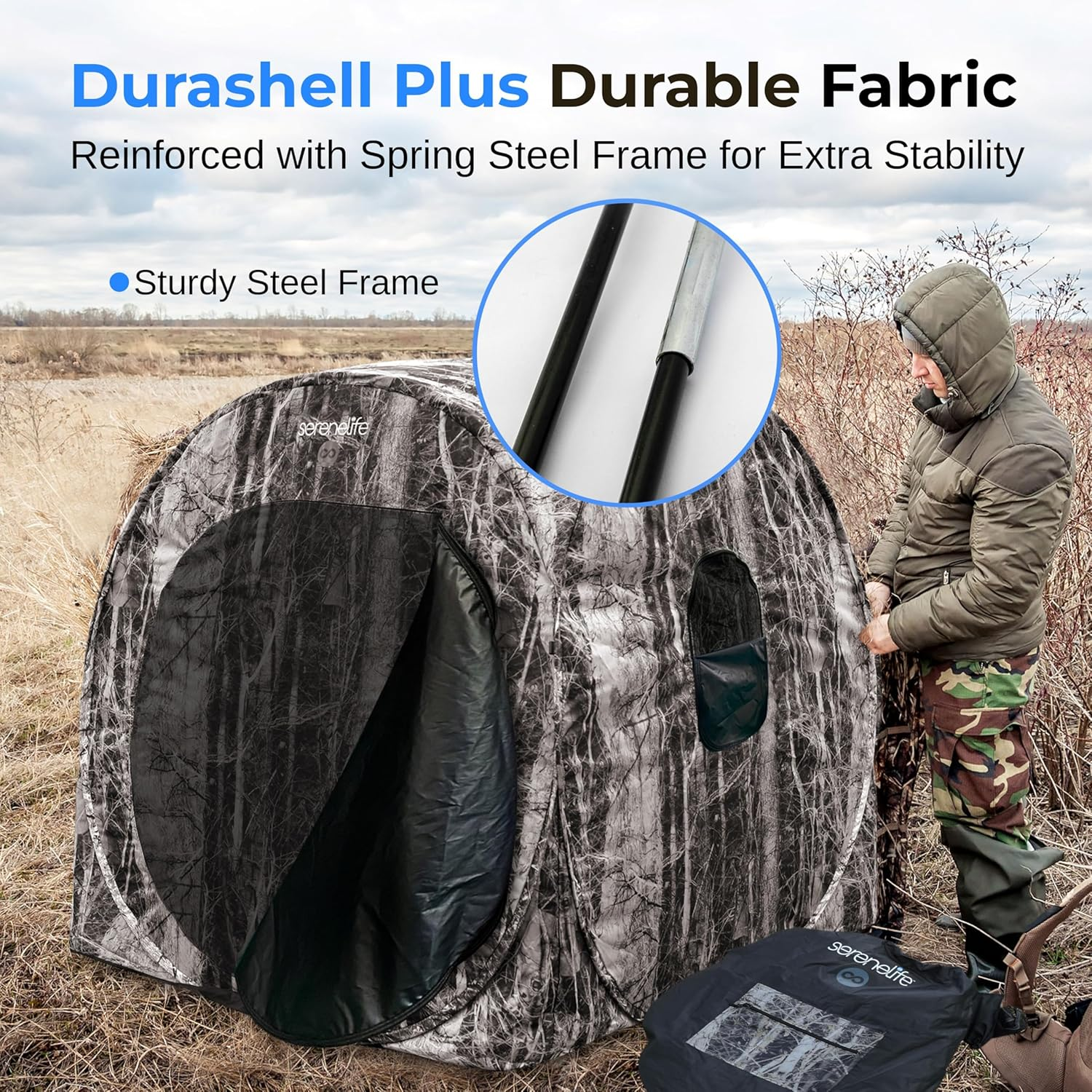 SereneLife Hunting Blind - Water-Resistant DuraShell Plus Hunting Ground Blind Tent, Pop-Up Blinds for Hunting with Shadow Guard, Polyester Fabric, Includes Carry Bag and Tie-Down Cords