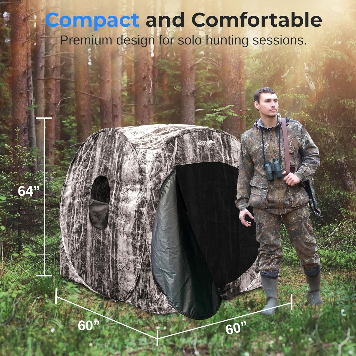 SereneLife Hunting Blind - Water-Resistant DuraShell Plus Hunting Ground Blind Tent, Pop-Up Blinds for Hunting with Shadow Guard, Polyester Fabric, Includes Carry Bag and Tie-Down Cords