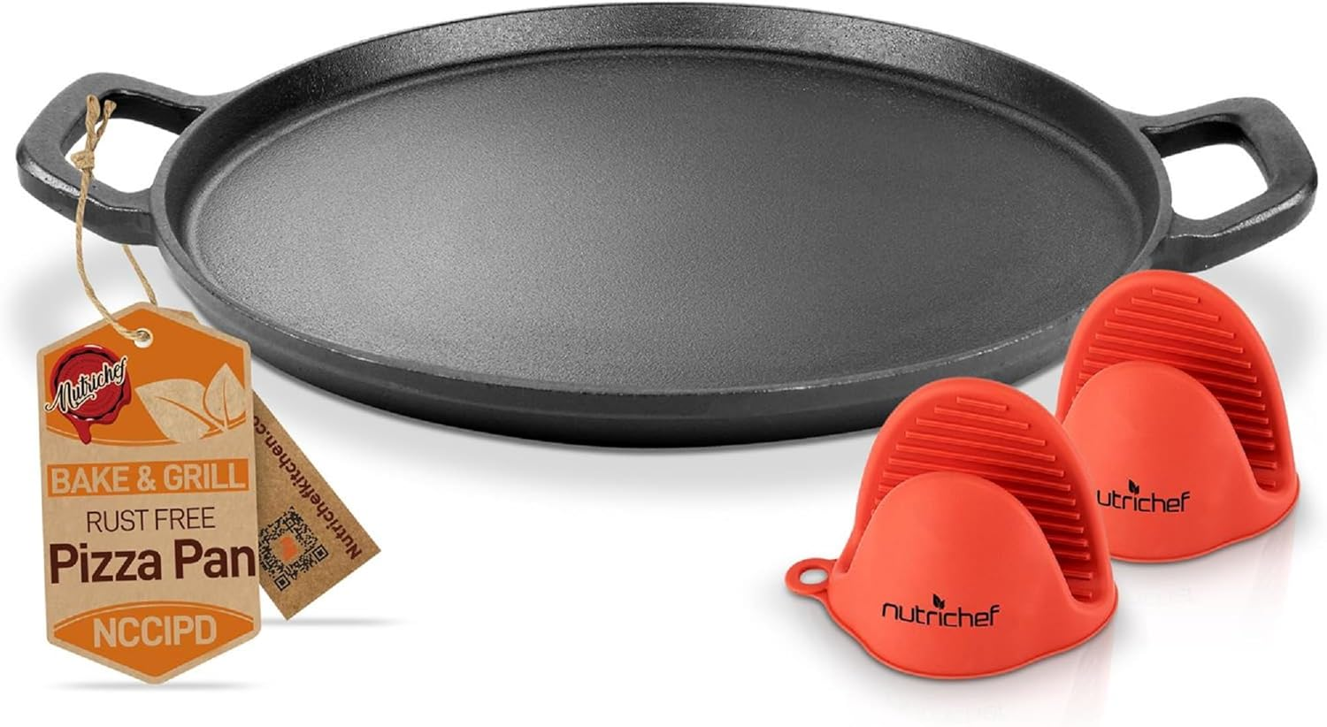 NutriChef 14-Inch Cast Iron Baking Pan - Steel Pizza Cooker with Easy Grip Handles, One Size, Black