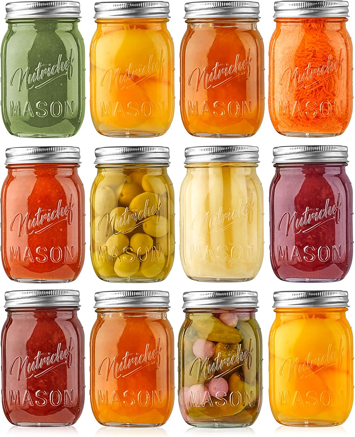 Mason Jars with Lids - 16 oz DIY Magnetic Spice Jar Glass Container with Airtight Lid and Band - Ideal for Meal Prep, Overnight Oats, Jelly, Jam, Honey, Candles, Crafts, Wedding Favors (12 Pieces)