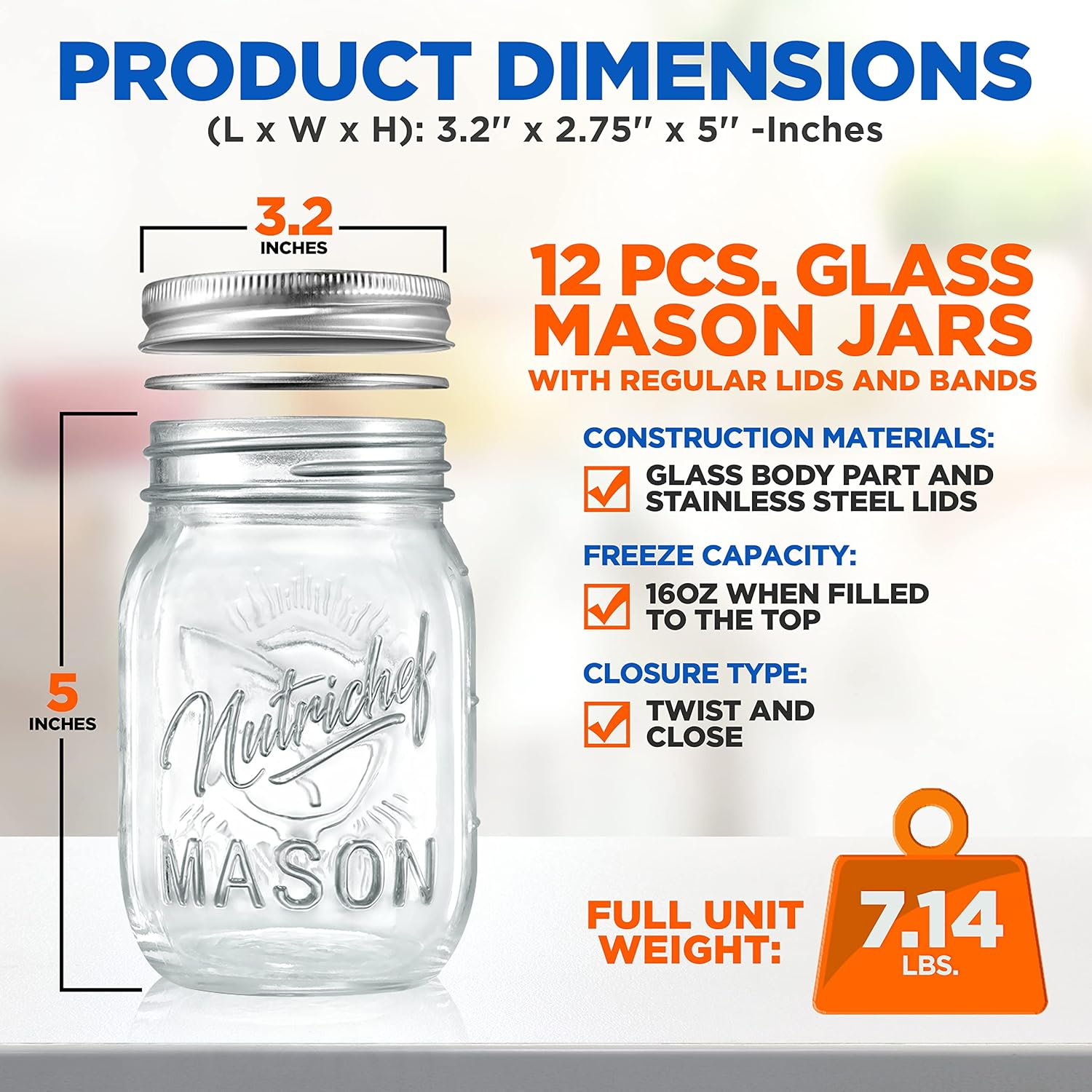 Mason Jars with Lids - 16 oz DIY Magnetic Spice Jar Glass Container with Airtight Lid and Band - Ideal for Meal Prep, Overnight Oats, Jelly, Jam, Honey, Candles, Crafts, Wedding Favors (12 Pieces)