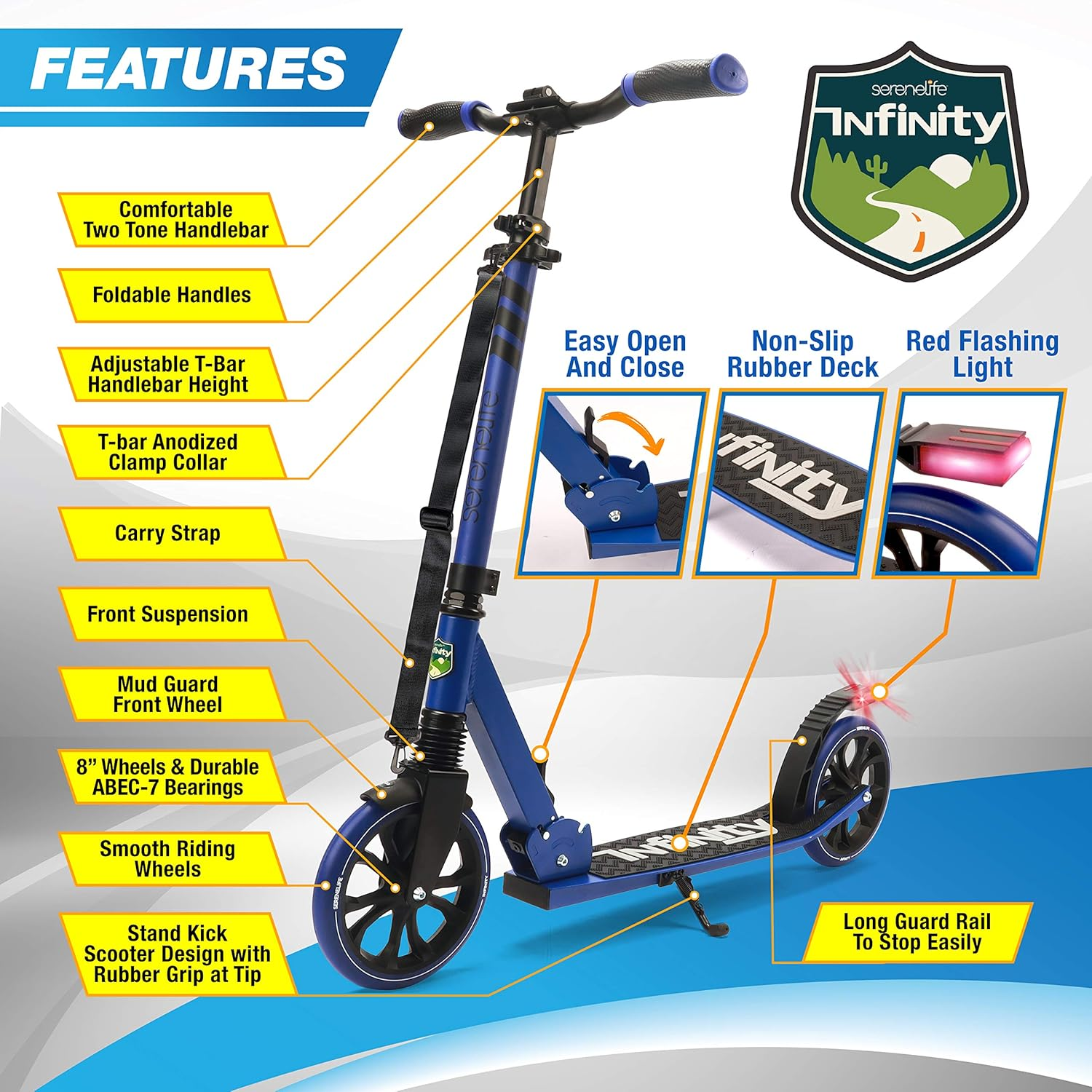 SereneLife Foldable Kick Scooter - Stand Kick Scooter for Teens and Adults with Rubber Grip at the Tip, Alloy Deck, Adjustable T-Bar Handlebar Height, Smooth Gliding Wheels, Easy Maneuvering