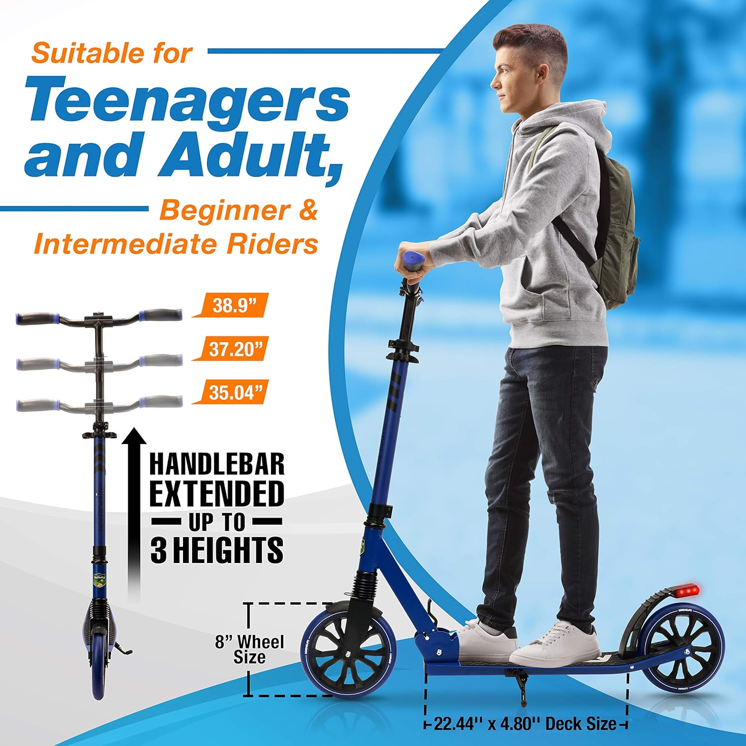 SereneLife Foldable Kick Scooter - Stand Kick Scooter for Teens and Adults with Rubber Grip at the Tip, Alloy Deck, Adjustable T-Bar Handlebar Height, Smooth Gliding Wheels, Easy Maneuvering