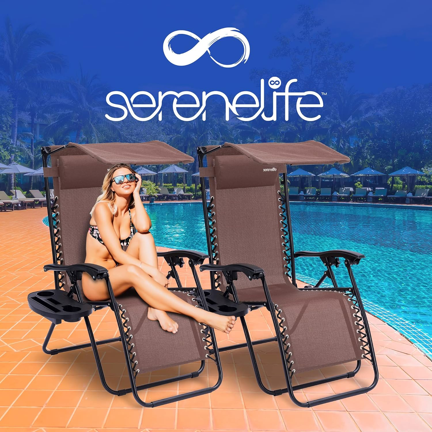 Serene Life Adjustable Foldable Outdoor Zero Gravity Lounge Chair Recliners with Canopy, Side Table, Cup Holder, and Pillow, 2 Pack, Brown