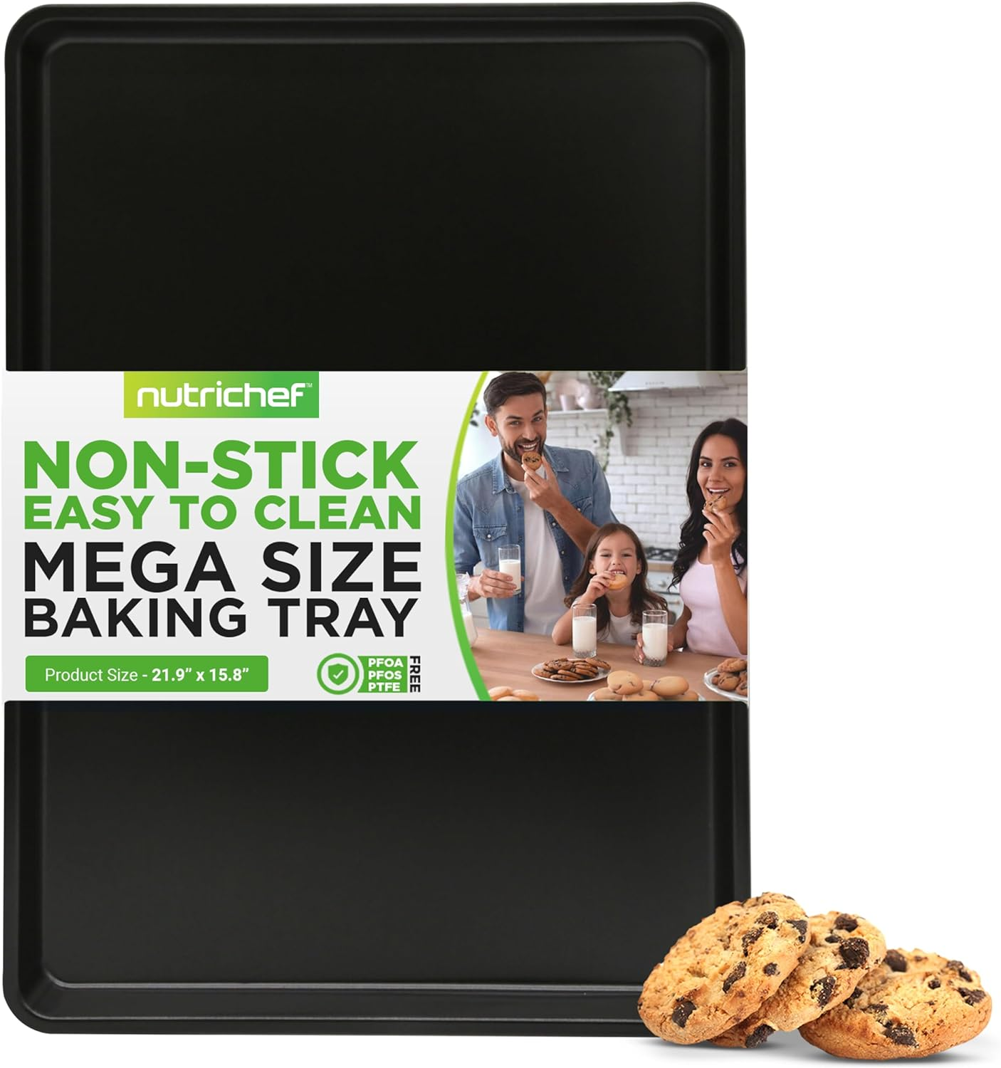 Nonstick Cookie Sheet Baking Pan - 1QT Large Metal Oven Baking Tray Mega Pan - Kitchen Cooking Non-Stick Bake Tray - Stylish Metallic Black Coating, PFOA, PFOS, and PTFE Free - NutriChef (NCLGBLK1)