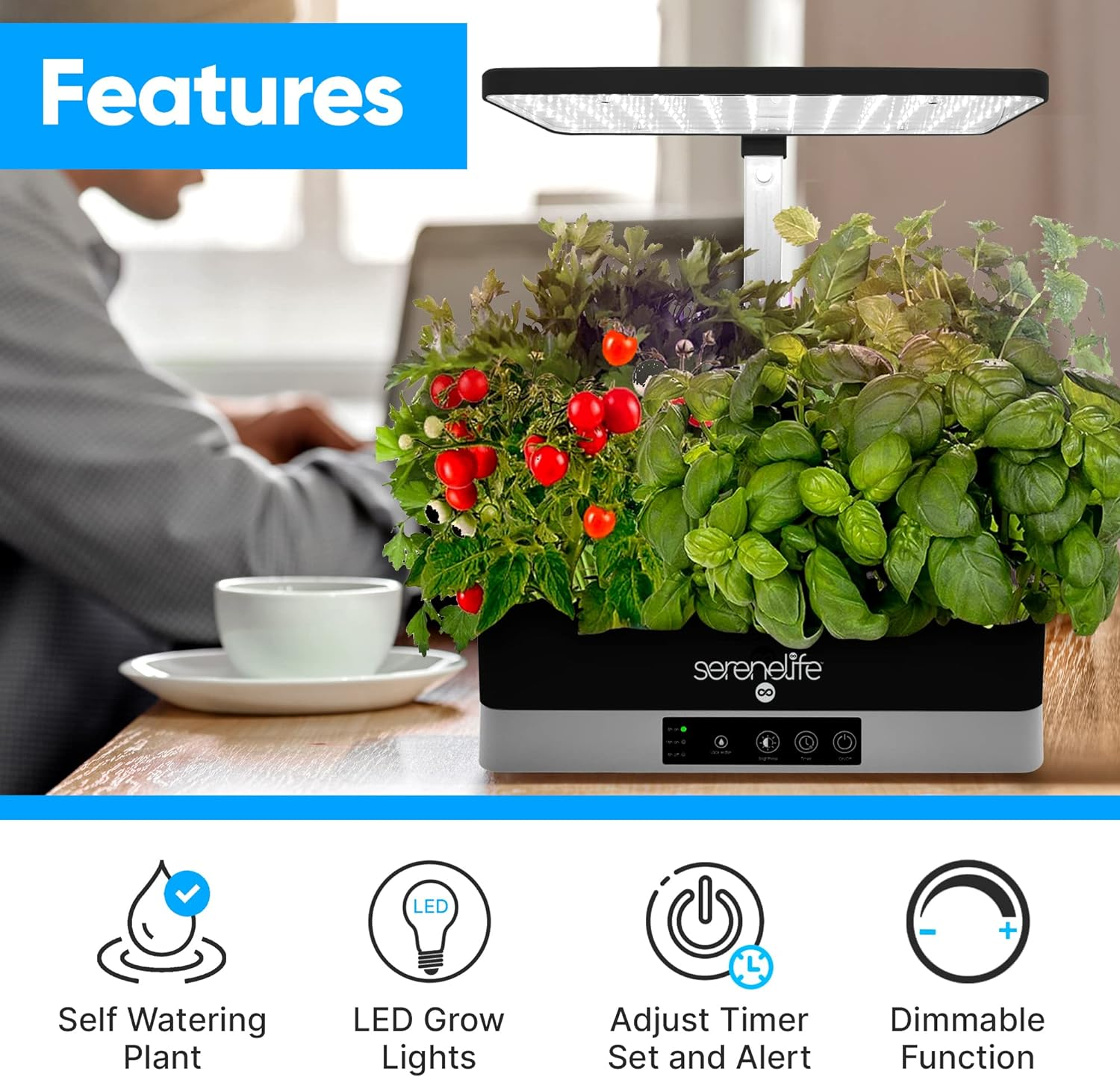 SereneLife Smart Starter Kit - Hydroponic Herb Garden Indoor Plant System with Height Adjustable LED Grow Lights, 6 Pods, 3 Modes - Home Kitchen, Bedroom, Office - SLGLF130, Aluminum, Black