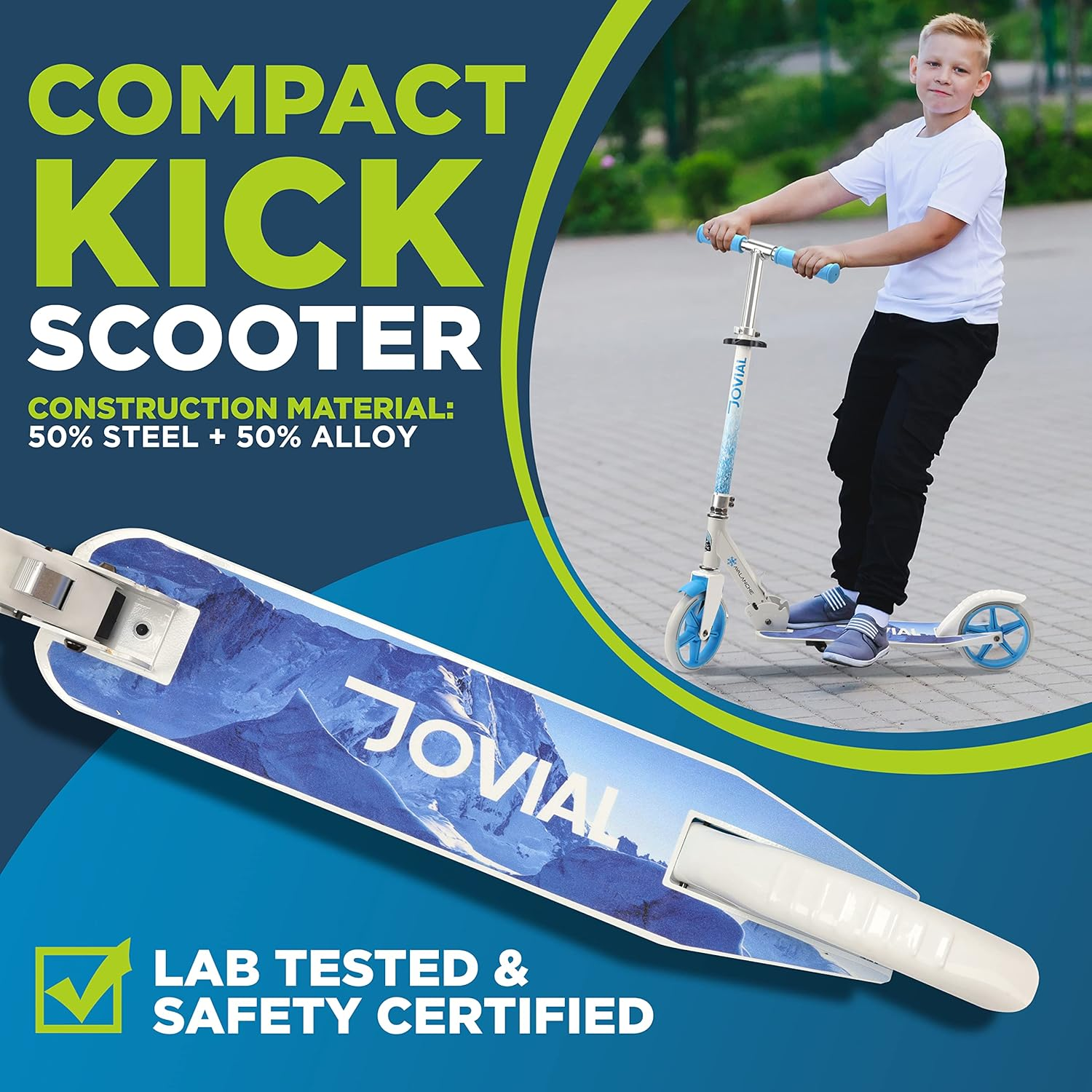 Jovial 2-Wheel Folding Kick Scooter - Compact Foldable Riding Scooter for Teens with Adjustable Height, Alloy Anti-Slip Deck, 7” Wheels, Mud Guard on Front Wheel, for Kids Boys/Girls