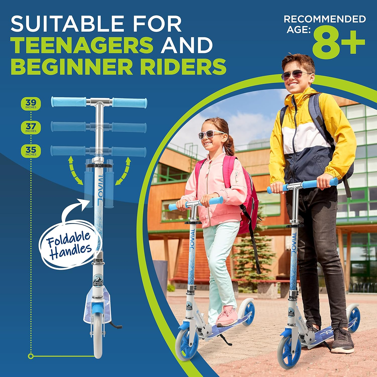 Jovial 2-Wheel Folding Kick Scooter - Compact Foldable Riding Scooter for Teens with Adjustable Height, Alloy Anti-Slip Deck, 7” Wheels, Mud Guard on Front Wheel, for Kids Boys/Girls