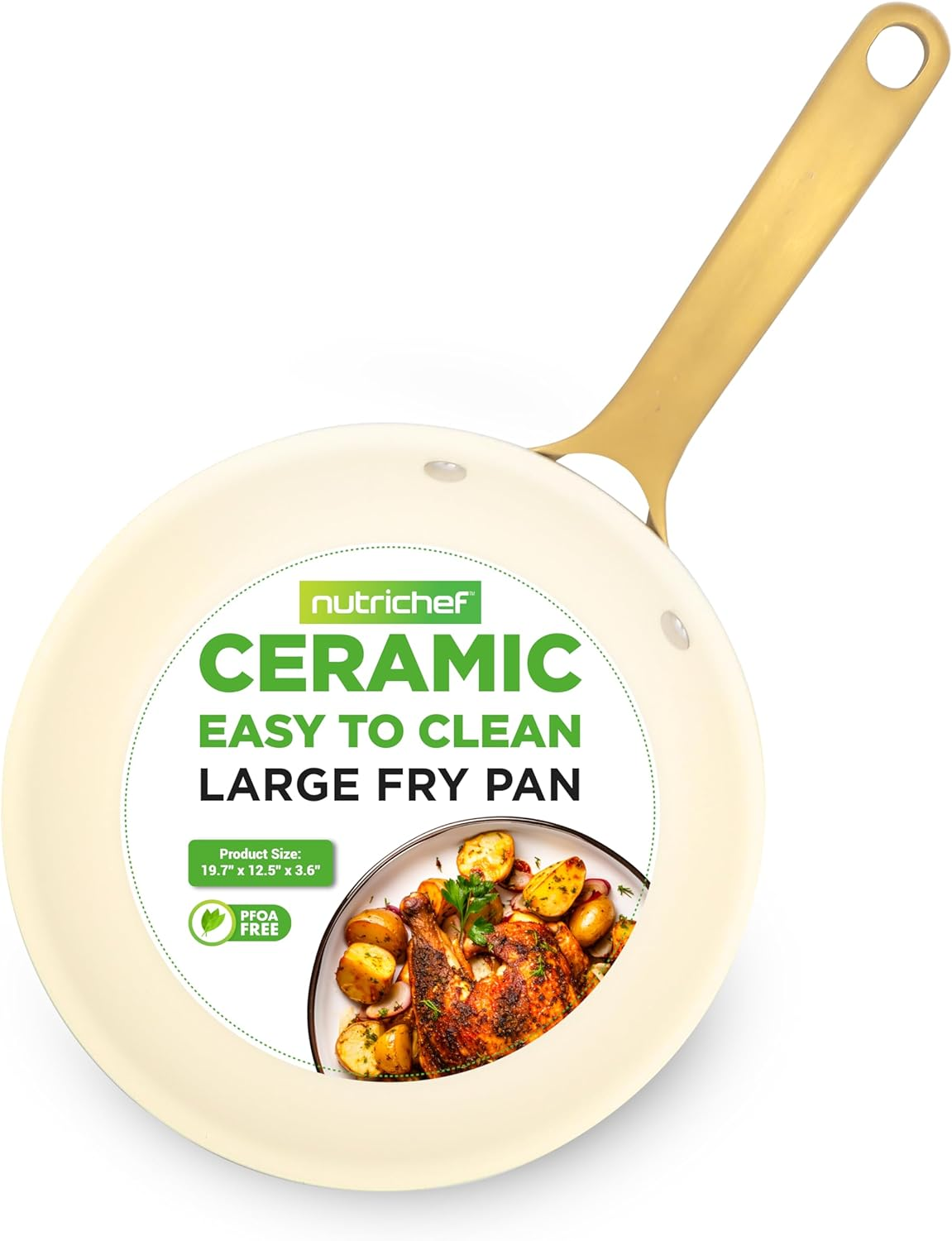 NutriChef Non-Stick Frying Pan - Ceramic Pan, 12” Medium Skillet with Golden Titanium Coated Silicone Handle, Stain-Resistant and Easy to Clean, Professional Home Cookware