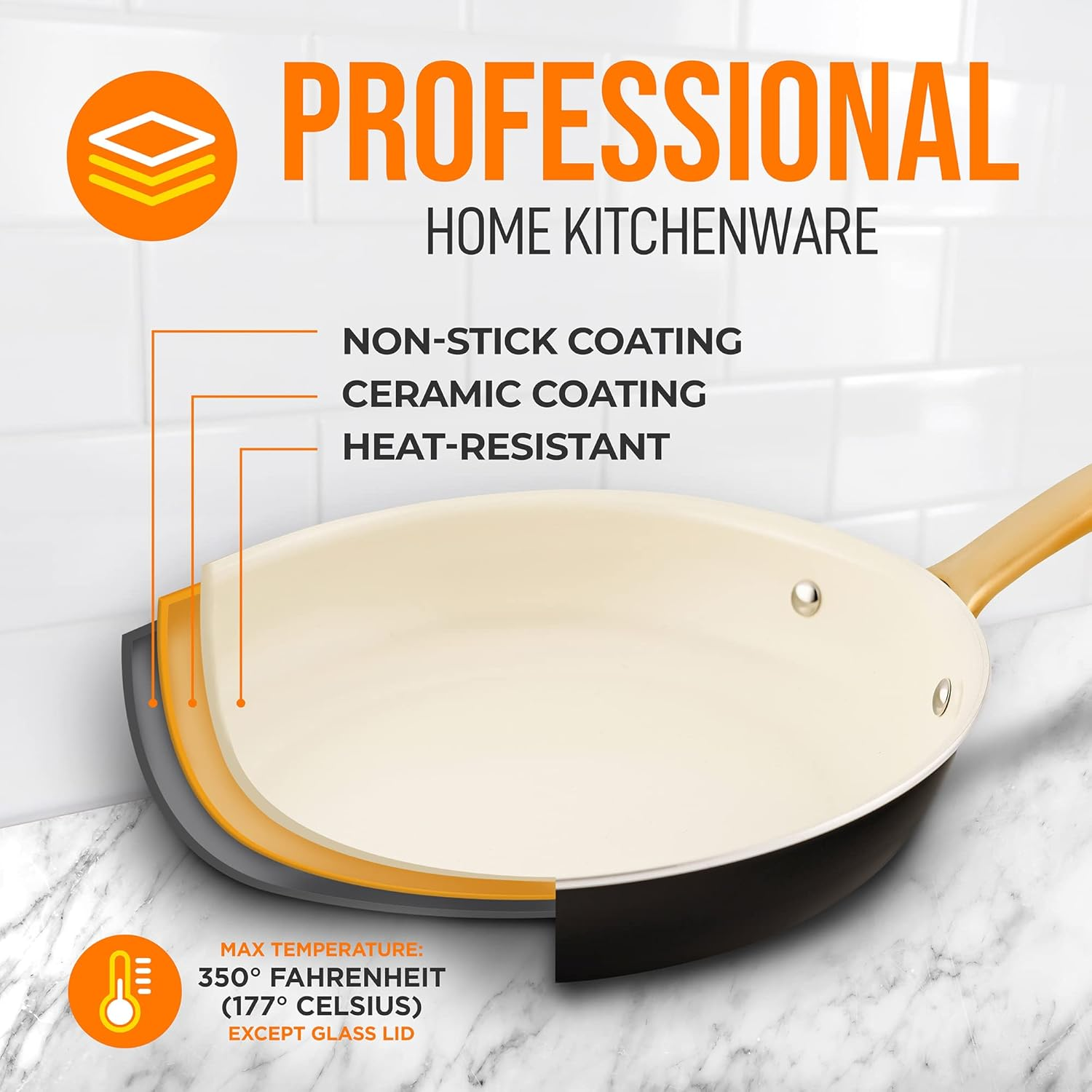 NutriChef Non-Stick Frying Pan - Ceramic Pan, 12” Medium Skillet with Golden Titanium Coated Silicone Handle, Stain-Resistant and Easy to Clean, Professional Home Cookware