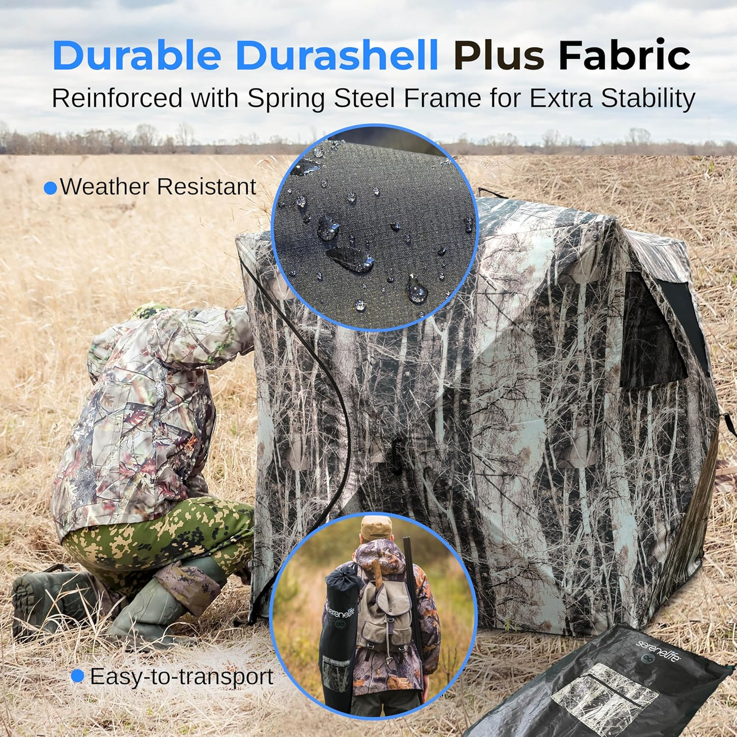 SereneLife Hunting Blind - Water Resistant Durashell Plus Hunting Ground Blind Tent Pop-Up Blinds with Shadow Guard, Polyester Fabric, Includes Carry Bag and Tie-Down Cords