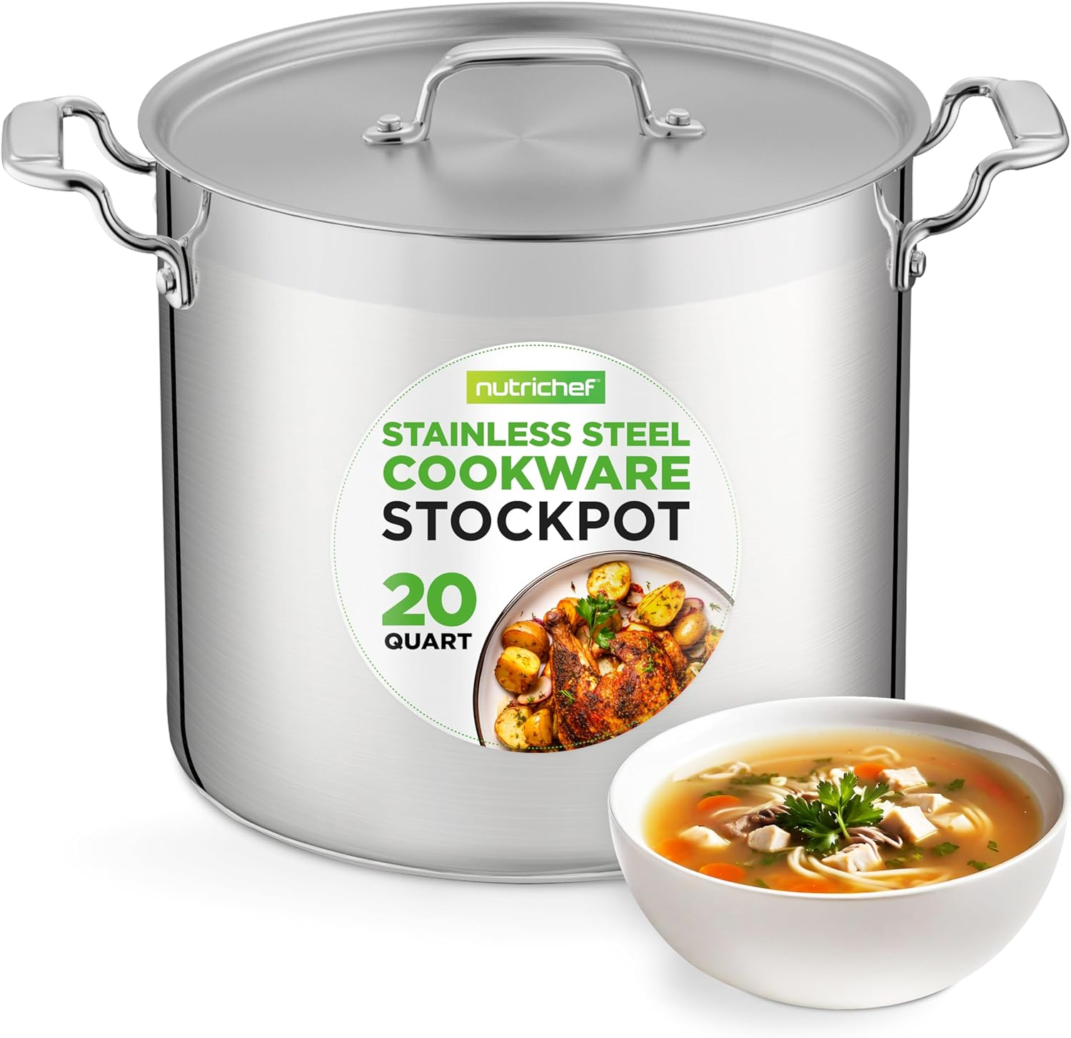 Stainless Steel Cookware Stockpot - 20 Quart, Heavy-Duty Induction Pot, Soup Pot with Stainless Steel Lid, Compatible with Gas, Induction, Ceramic, Glass, and Halogen Cooktops - NCSPT20Q