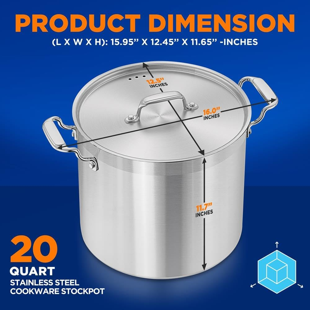 Stainless Steel Cookware Stockpot - 20 Quart, Heavy-Duty Induction Pot, Soup Pot with Stainless Steel Lid, Compatible with Gas, Induction, Ceramic, Glass, and Halogen Cooktops - NCSPT20Q