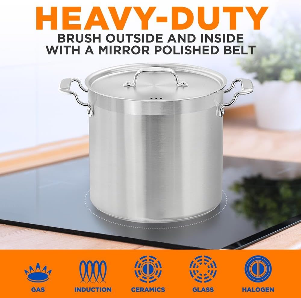 Stainless Steel Cookware Stockpot - 20 Quart, Heavy-Duty Induction Pot, Soup Pot with Stainless Steel Lid, Compatible with Gas, Induction, Ceramic, Glass, and Halogen Cooktops - NCSPT20Q