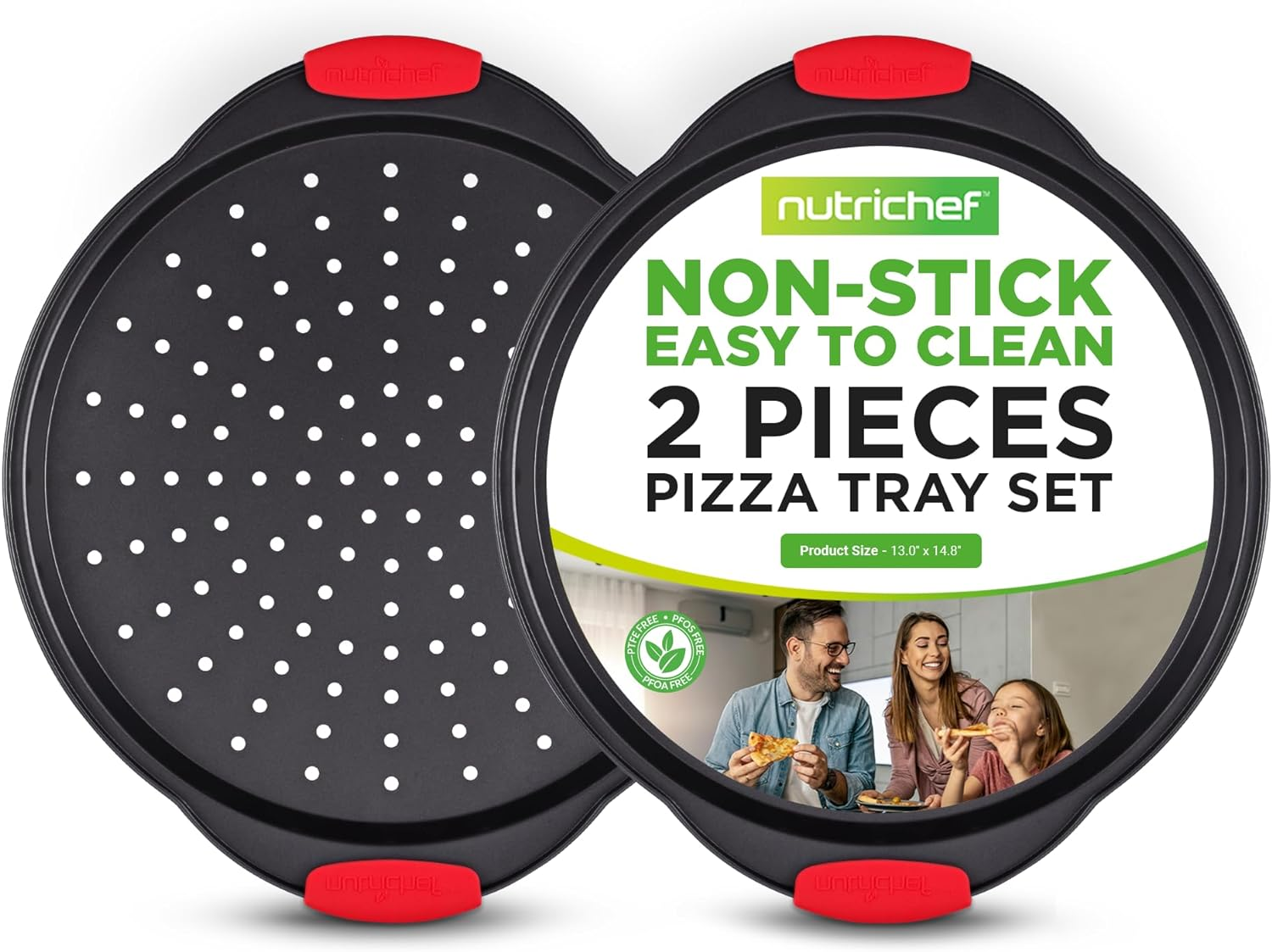 2-Pc Non-Stick Pizza Tray - with Silicone Handle, Round Steel Non-Stick Pan with Perforated Holes, Dishwasher Safe, Pizza Tray with Silicone and Oversized Handle, PFOA, PFOS, PTFE Free - NCBPIZX2