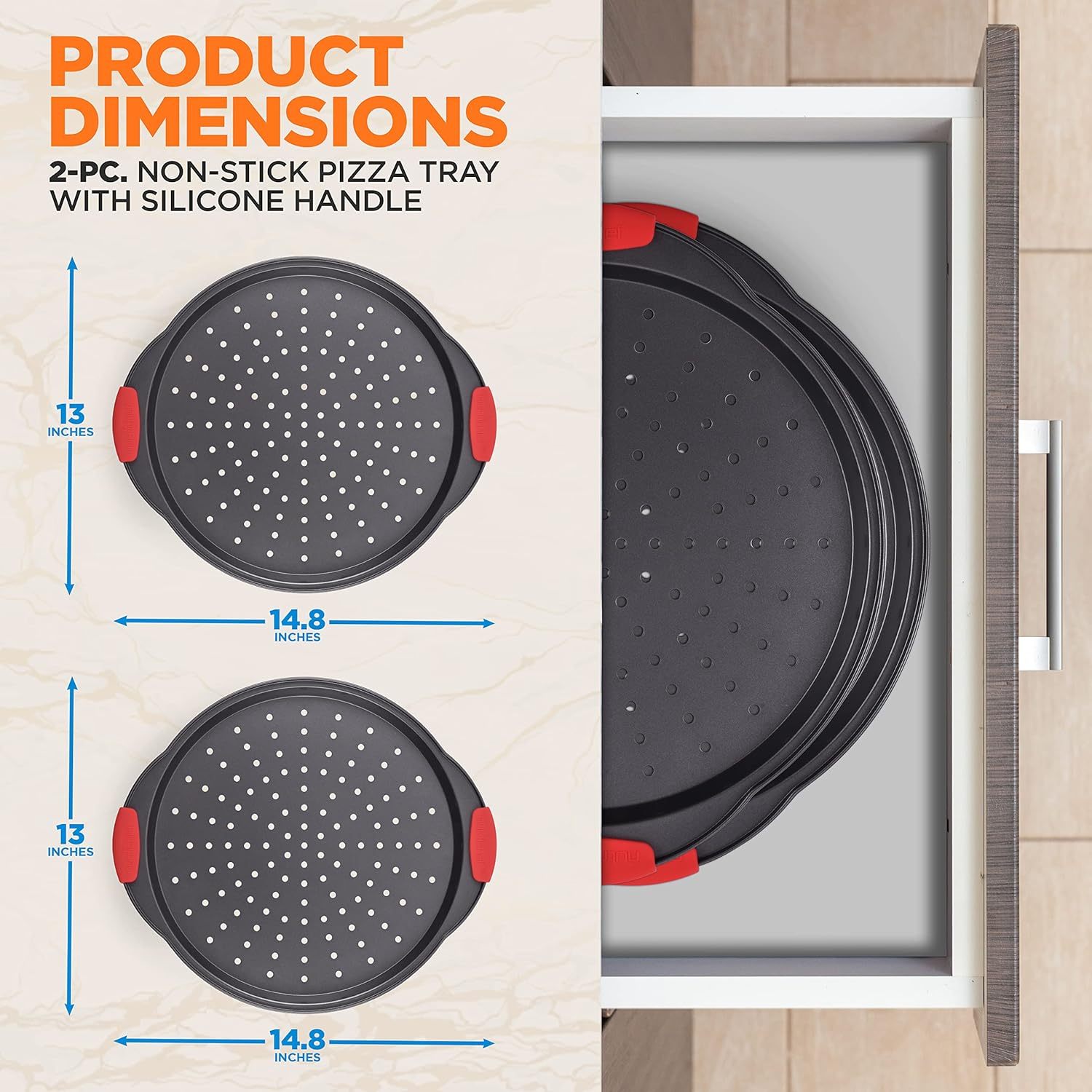 2-Pc Non-Stick Pizza Tray - with Silicone Handle, Round Steel Non-Stick Pan with Perforated Holes, Dishwasher Safe, Pizza Tray with Silicone and Oversized Handle, PFOA, PFOS, PTFE Free - NCBPIZX2