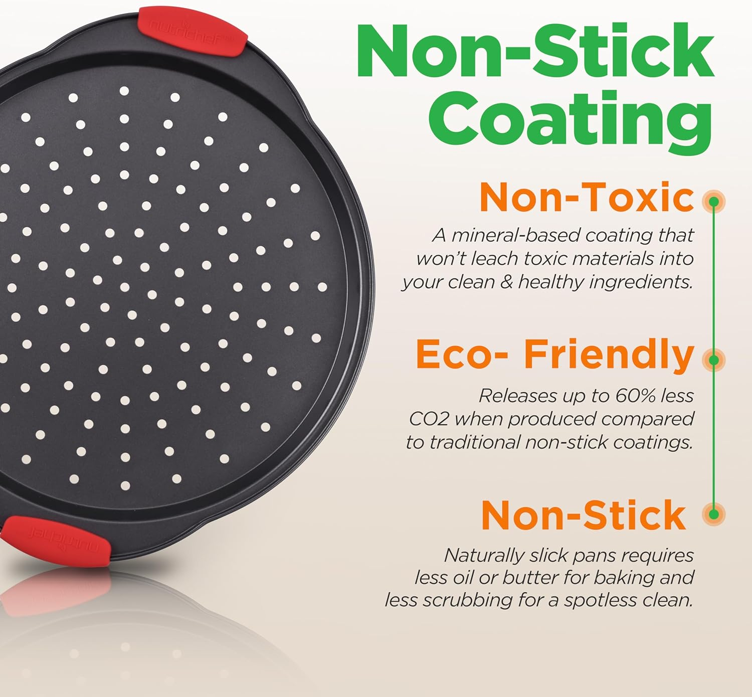 2-Pc Non-Stick Pizza Tray - with Silicone Handle, Round Steel Non-Stick Pan with Perforated Holes, Dishwasher Safe, Pizza Tray with Silicone and Oversized Handle, PFOA, PFOS, PTFE Free - NCBPIZX2