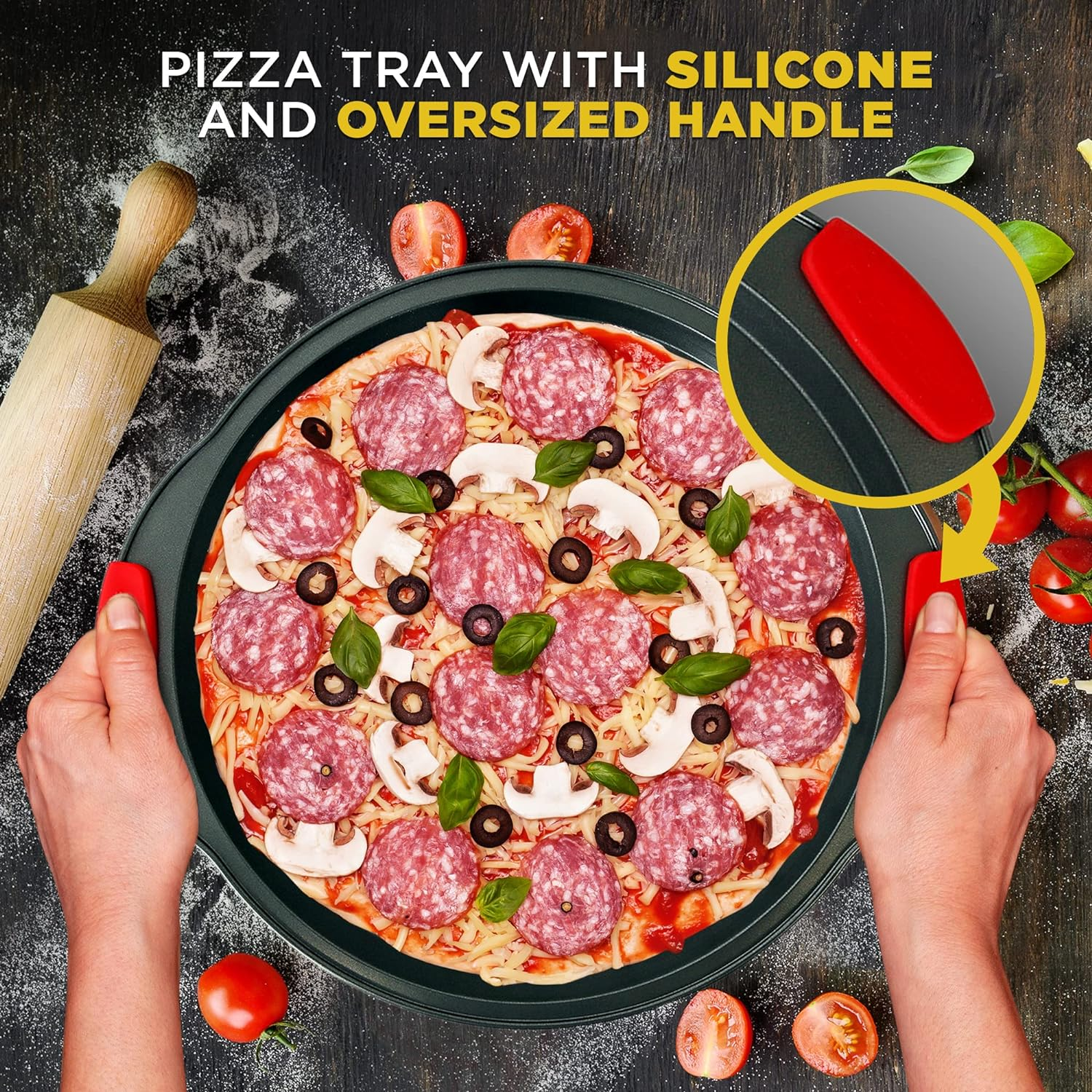 2-Pc Non-Stick Pizza Tray - with Silicone Handle, Round Steel Non-Stick Pan with Perforated Holes, Dishwasher Safe, Pizza Tray with Silicone and Oversized Handle, PFOA, PFOS, PTFE Free - NCBPIZX2