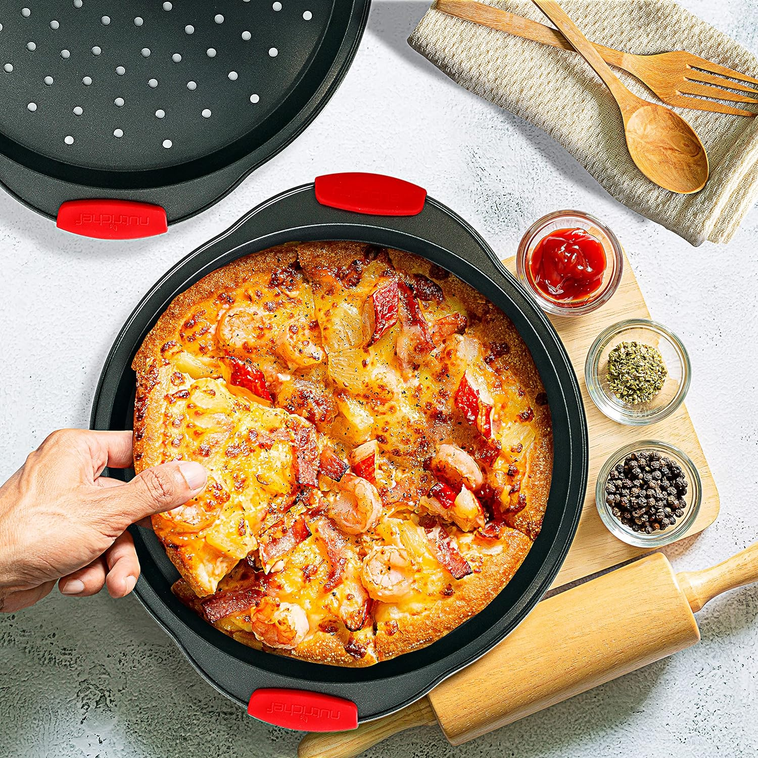 2-Pc Non-Stick Pizza Tray - with Silicone Handle, Round Steel Non-Stick Pan with Perforated Holes, Dishwasher Safe, Pizza Tray with Silicone and Oversized Handle, PFOA, PFOS, PTFE Free - NCBPIZX2