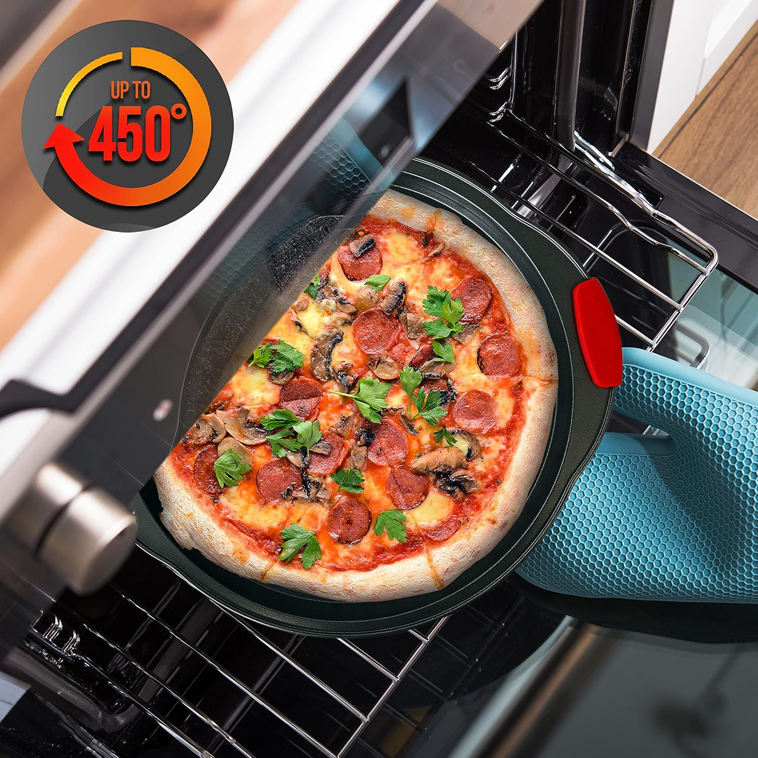 2-Pc Non-Stick Pizza Tray - with Silicone Handle, Round Steel Non-Stick Pan with Perforated Holes, Dishwasher Safe, Pizza Tray with Silicone and Oversized Handle, PFOA, PFOS, PTFE Free - NCBPIZX2