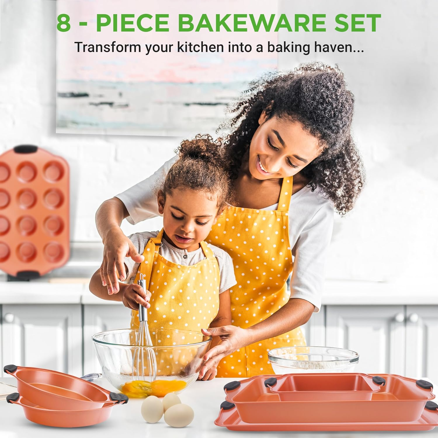 NutriChef Bakeware Set, Baking Pans, Cookie Sheets, Includes: Cookie Sheet, Roasting Pan, Loaf Pan, Pizza Pan, Muffin Pan, Square Pan, Cake Pans (2), Nonstick, Kitchen Oven Trays, Copper, 8 pcs