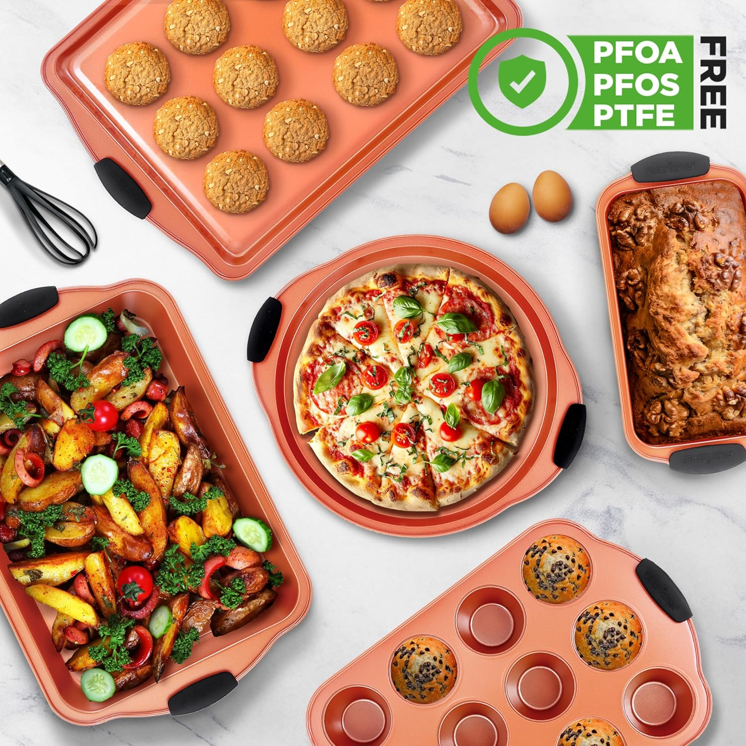 NutriChef Bakeware Set, Baking Pans, Cookie Sheets, Includes: Cookie Sheet, Roasting Pan, Loaf Pan, Pizza Pan, Muffin Pan, Square Pan, Cake Pans (2), Nonstick, Kitchen Oven Trays, Copper, 8 pcs