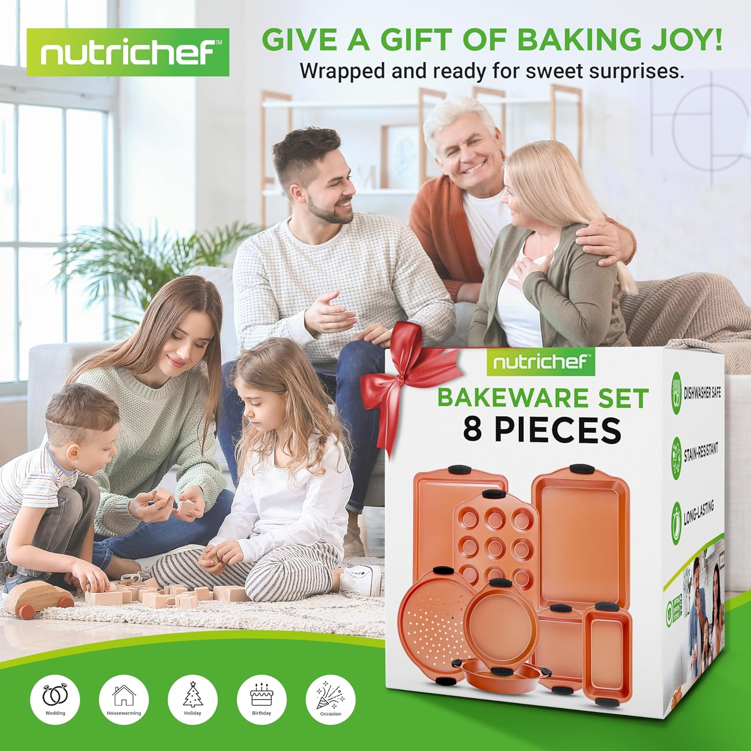 NutriChef Bakeware Set, Baking Pans, Cookie Sheets, Includes: Cookie Sheet, Roasting Pan, Loaf Pan, Pizza Pan, Muffin Pan, Square Pan, Cake Pans (2), Nonstick, Kitchen Oven Trays, Copper, 8 pcs