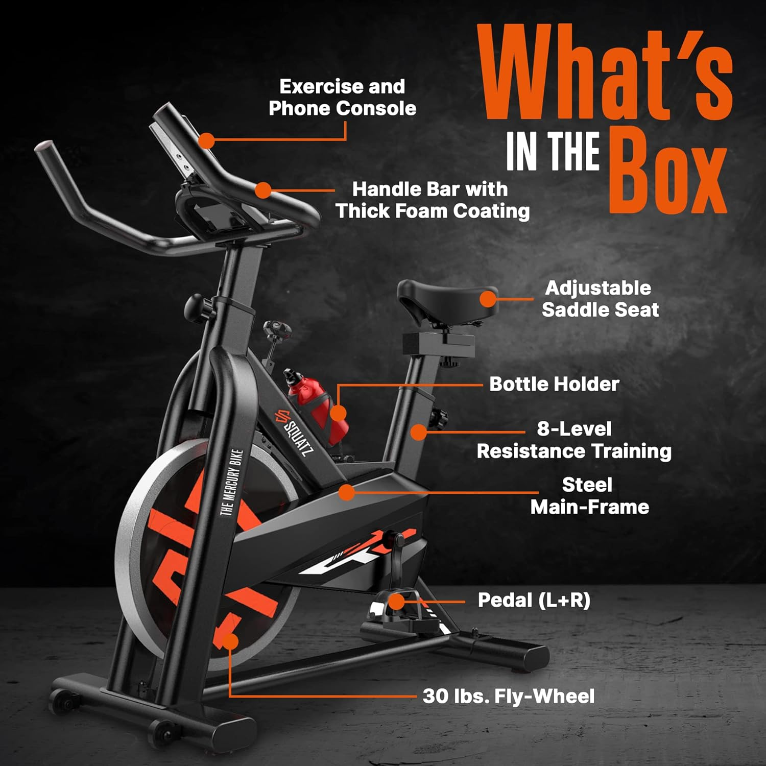 SQUATZ Indoor Exercise Bike with 30 lbs Flywheel, Adjustable 4-Way Seat & Handlebar, Heavy-Duty Steel Frame Cycling Spin Bike, LCD Monitor, Phone Holder - Max Weight 275 lbs