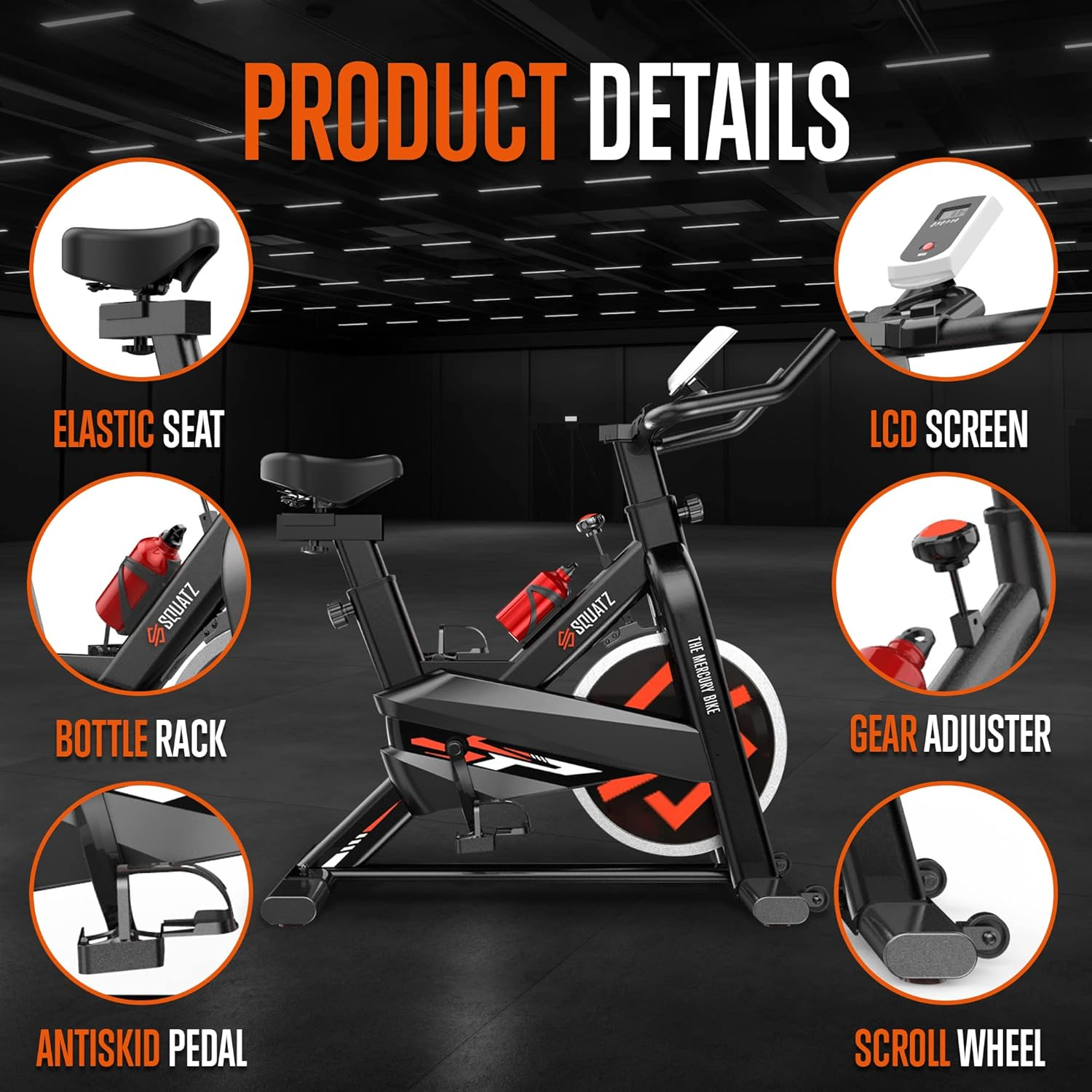 SQUATZ Indoor Exercise Bike with 30 lbs Flywheel, Adjustable 4-Way Seat & Handlebar, Heavy-Duty Steel Frame Cycling Spin Bike, LCD Monitor, Phone Holder - Max Weight 275 lbs