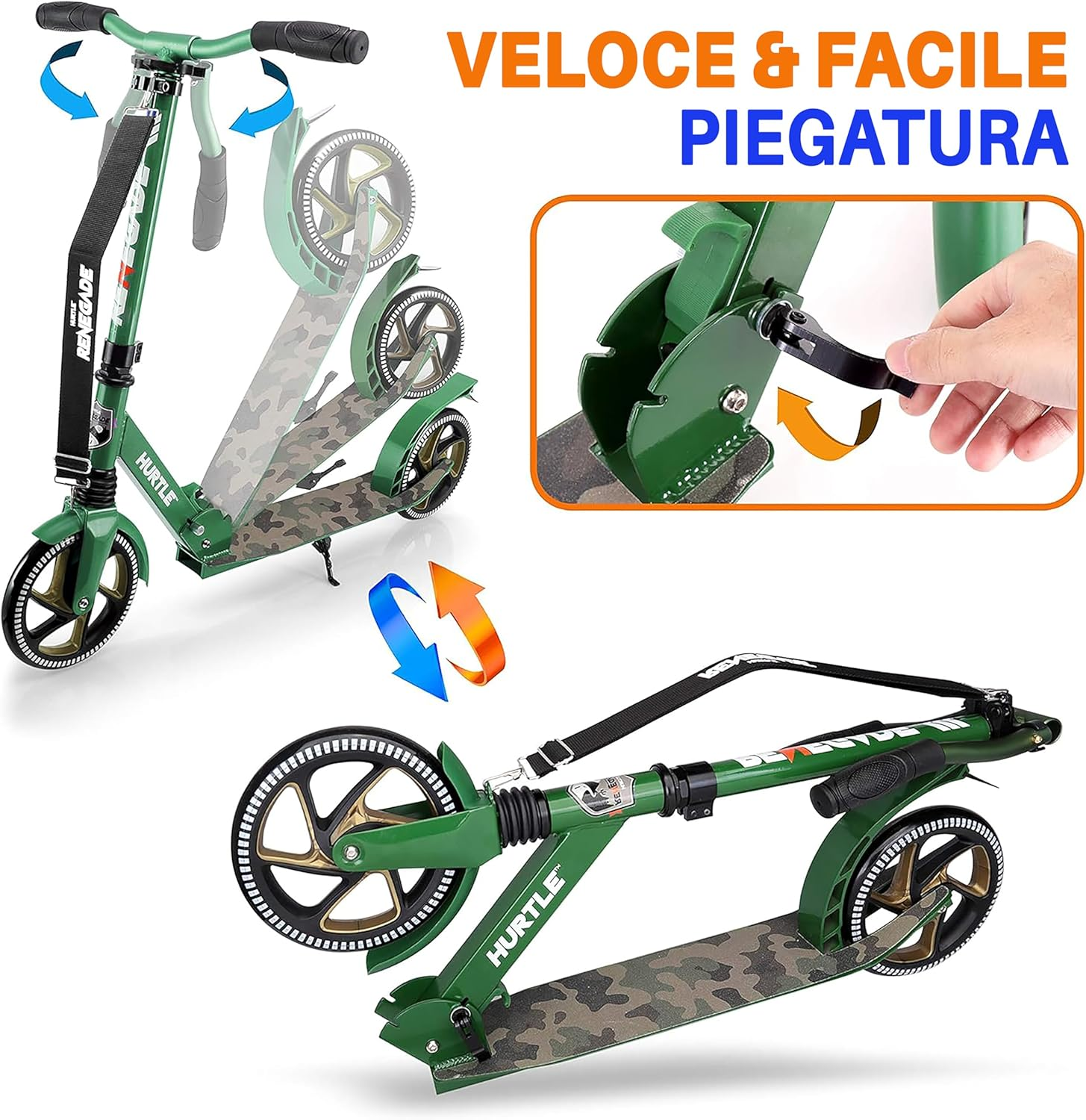 Hurtle Scooter for Adults, Teens & Kids, Kick Scooter, 2-Wheel Kids Scooter with Adjustable T-Bar Handlebar, Alloy Anti-Slip Deck, Portable Folding Scooter for Kids with Carrying Strap