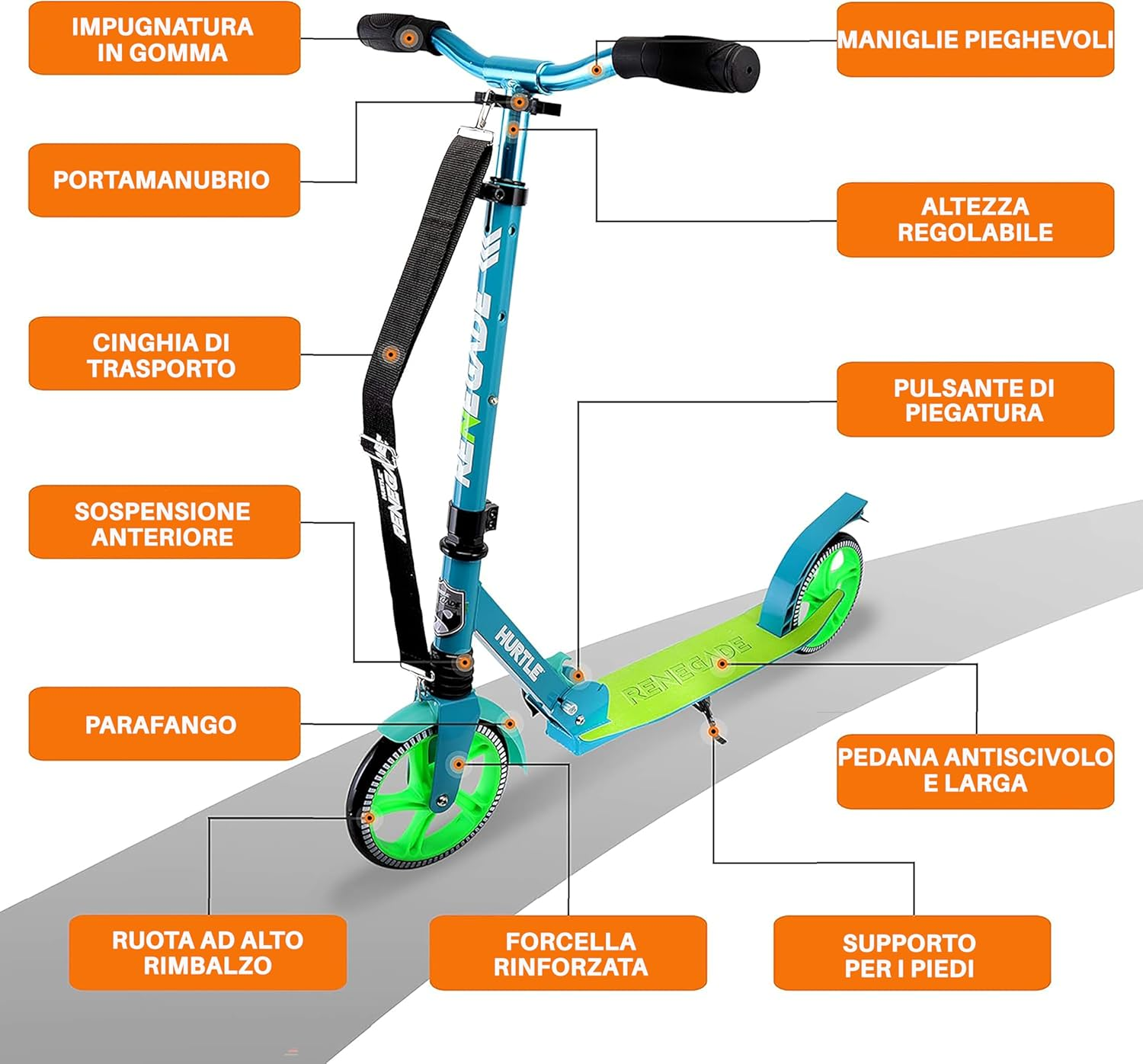 Hurtle Scooter for Adults, Teens & Kids, Kick Scooter, 2-Wheel Kids Scooter with Adjustable T-Bar Handlebar, Alloy Anti-Slip Deck, Portable Folding Scooter for Kids with Carrying Strap