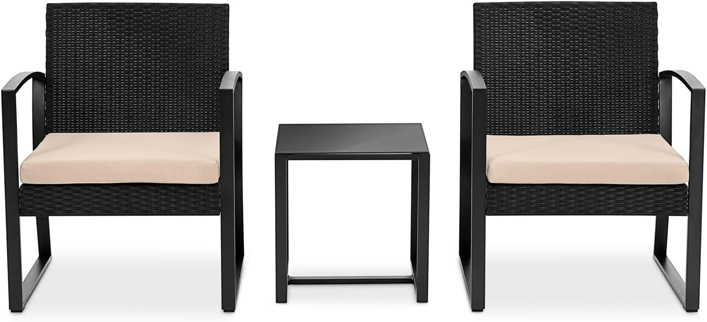 SereneLife Patio Outdoor Furniture, 3 Pieces per Set - Includes 2 Single Chairs with Soft Cushions and 1 Glass-Top Coffee Table, Black Weather-Resistant Resin Wicker Rattan, Brown