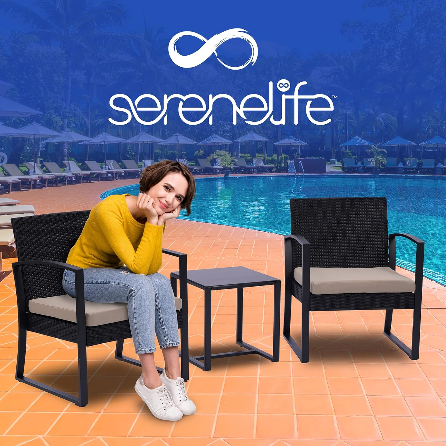 SereneLife Patio Outdoor Furniture, 3 Pieces per Set - Includes 2 Single Chairs with Soft Cushions and 1 Glass-Top Coffee Table, Black Weather-Resistant Resin Wicker Rattan, Brown